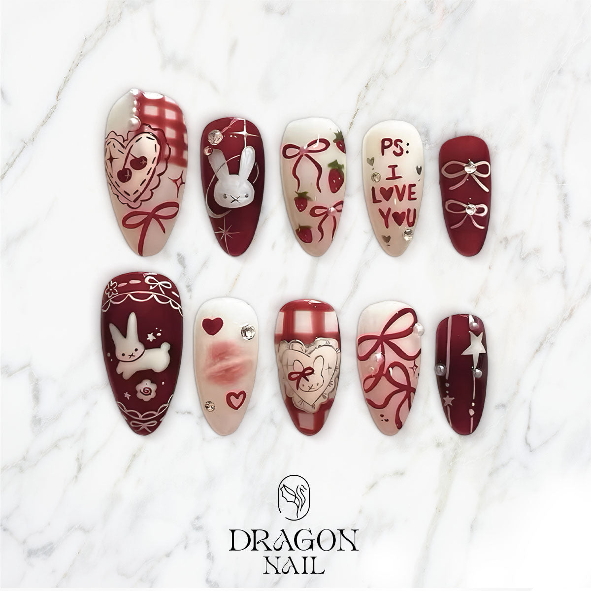 Valentine Bunny & Love Letter Nails, Red White Strawberry Press-On Set, Limited Edition