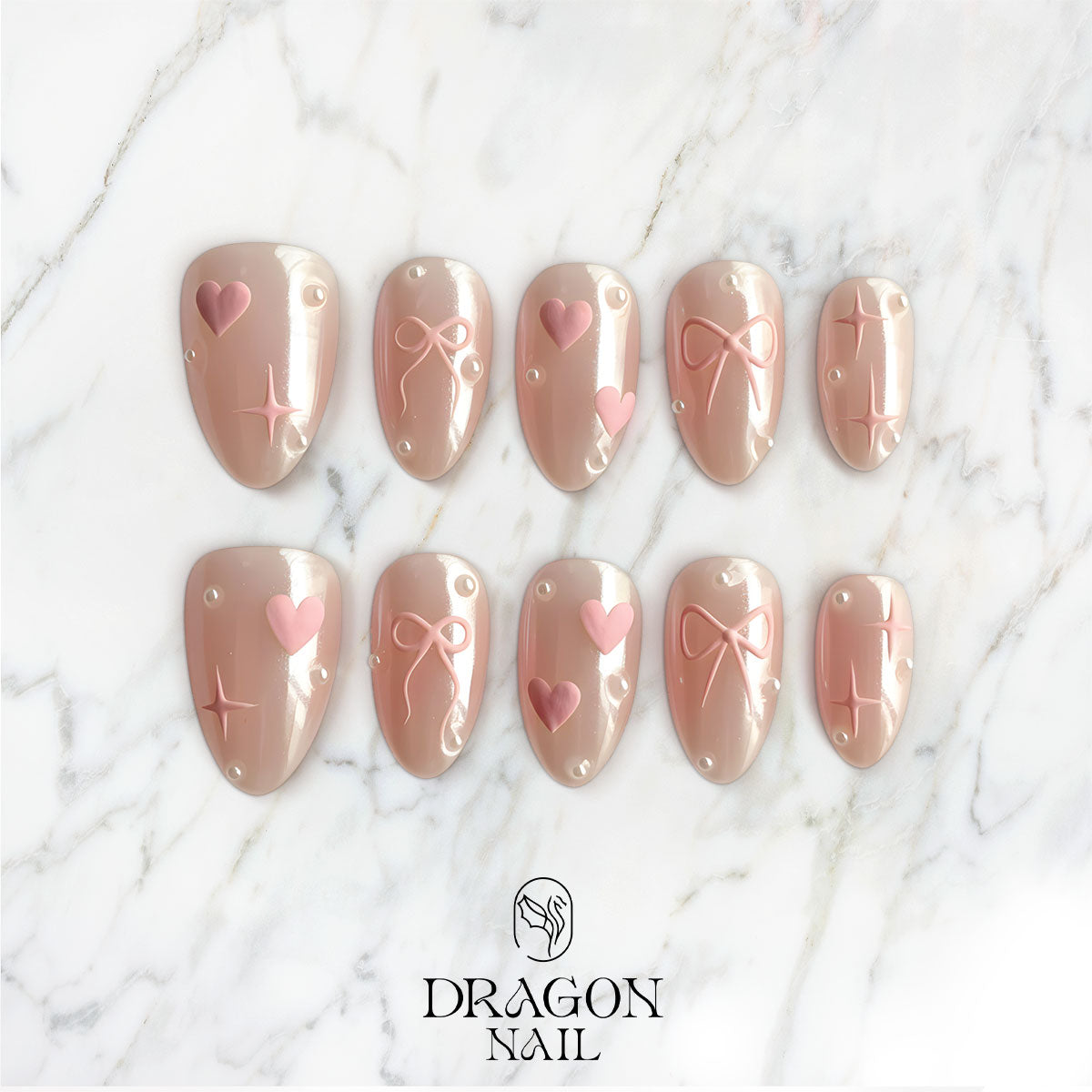 Soft Pink Bow & Heart Nails, Minimal Valentine Aesthetic Press-On Set, Limited Edition