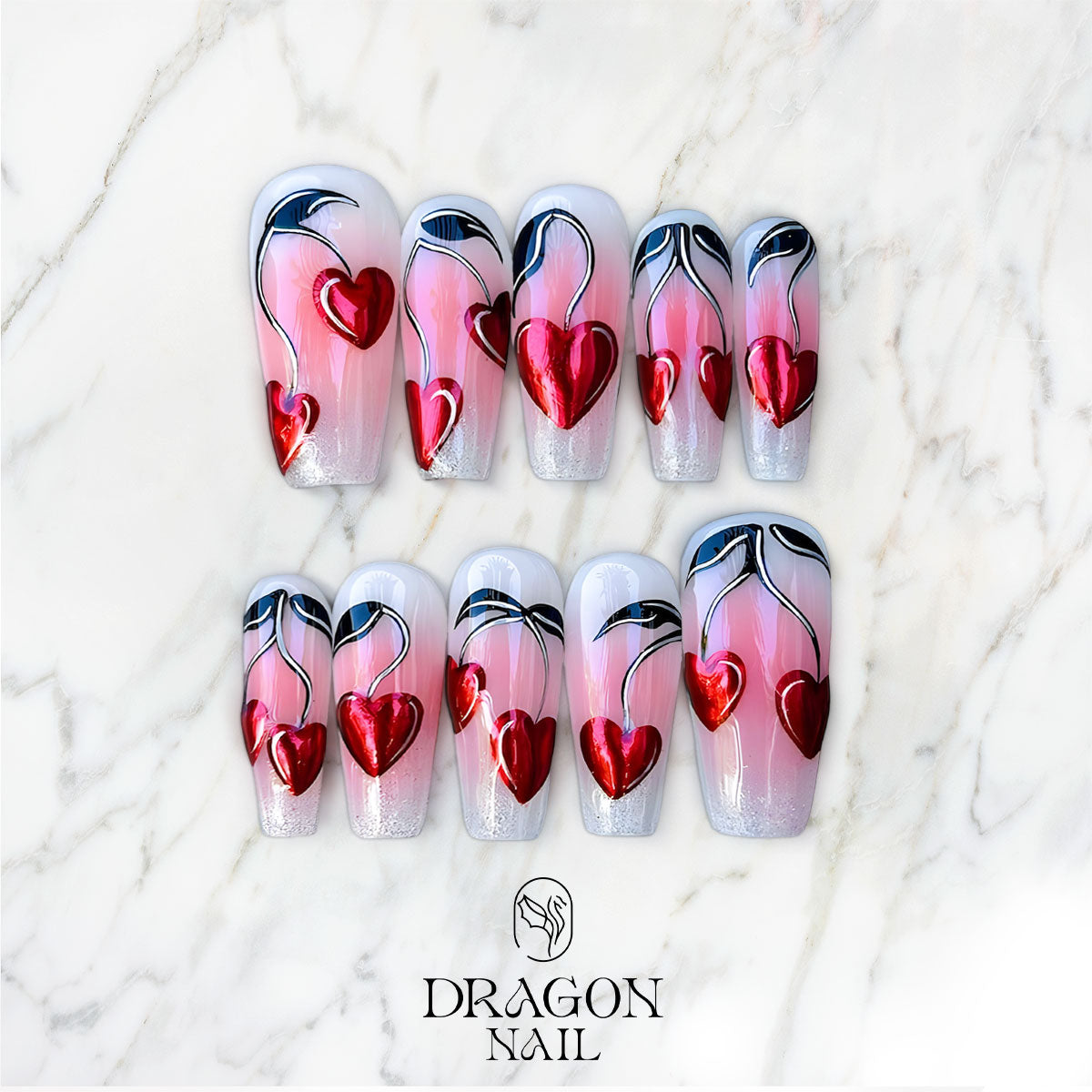Red Chrome Heart Nails, Pink Ombre Valentine Press-On Set, Limited Edition