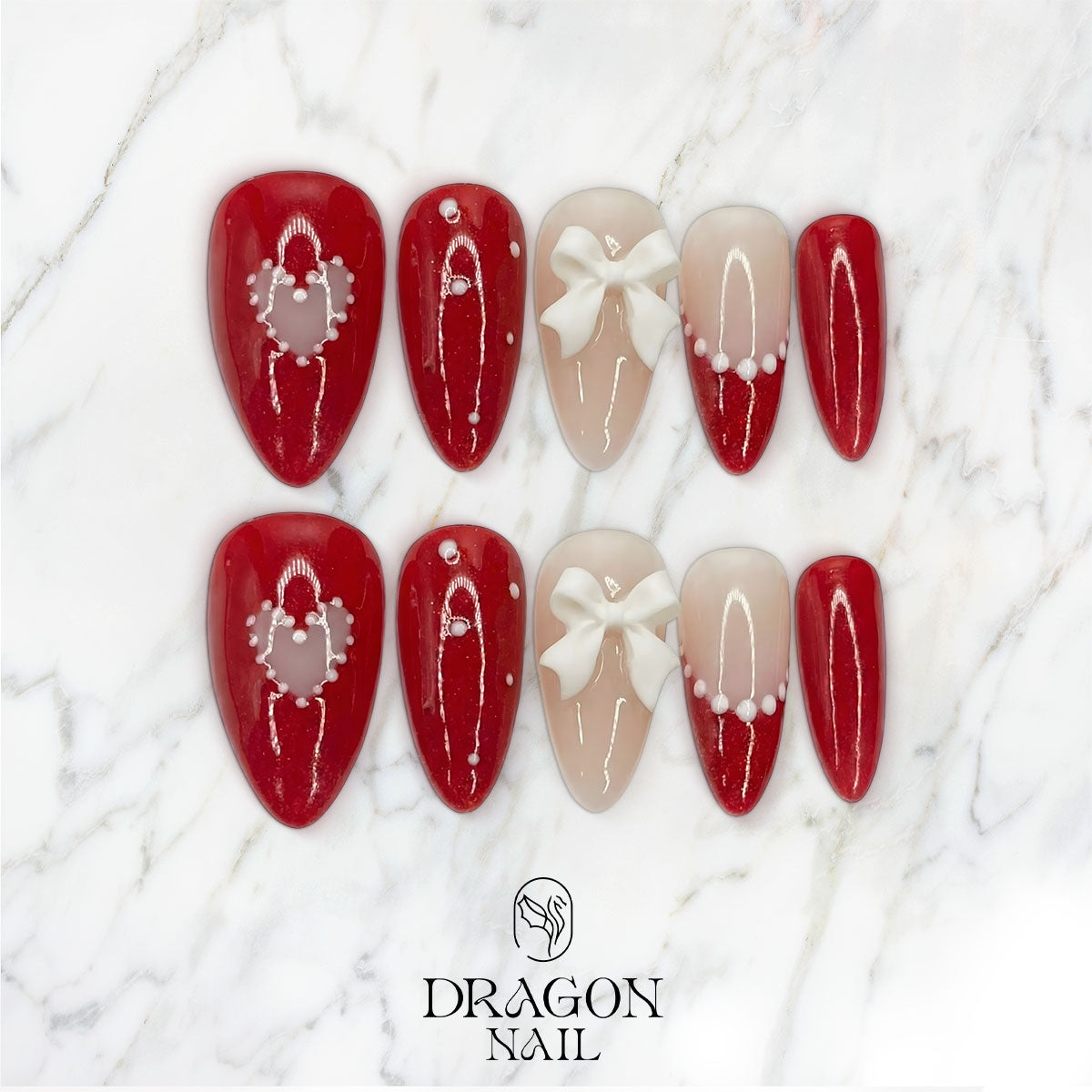 Red Valentine Nails, Pearl Heart & White Bow Press-On Set, Limited Edition
