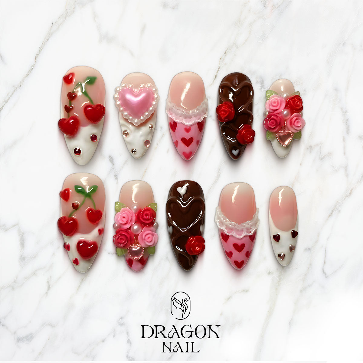 Valentine Sweetheart Nails, Cherry & Rose 3D Press-On Set for Romantic Glam, Limited Edition