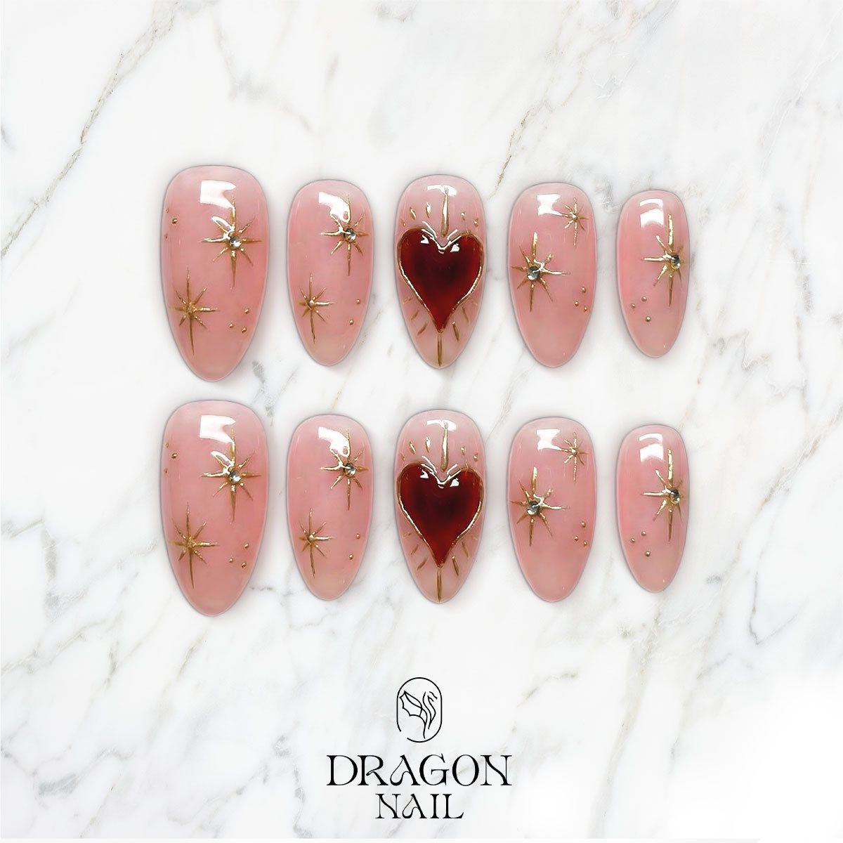 Blush Pink Valentine Nails, Gold Sparkle & Deep Heart Accent Press-On Set, Limited Edition