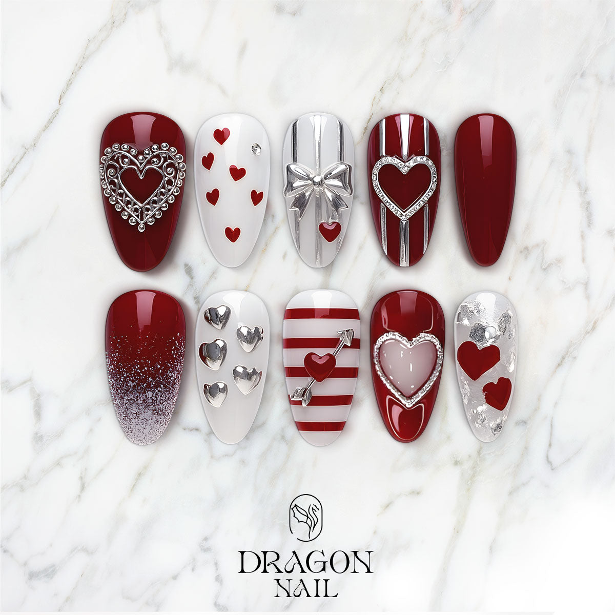 Red & Silver Valentine Nails, 3D Heart & Bow Accent Press-On Set, Limited Edition