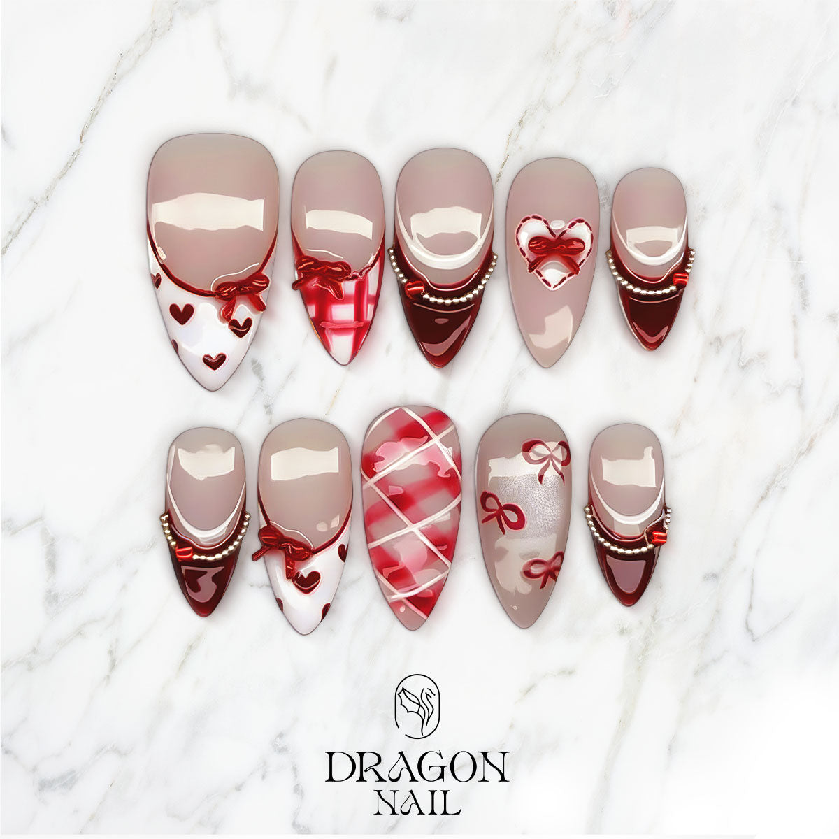 Valentine Bow & Heart Nails, Red & White Gift-Inspired Press-On Set, Limited Edition