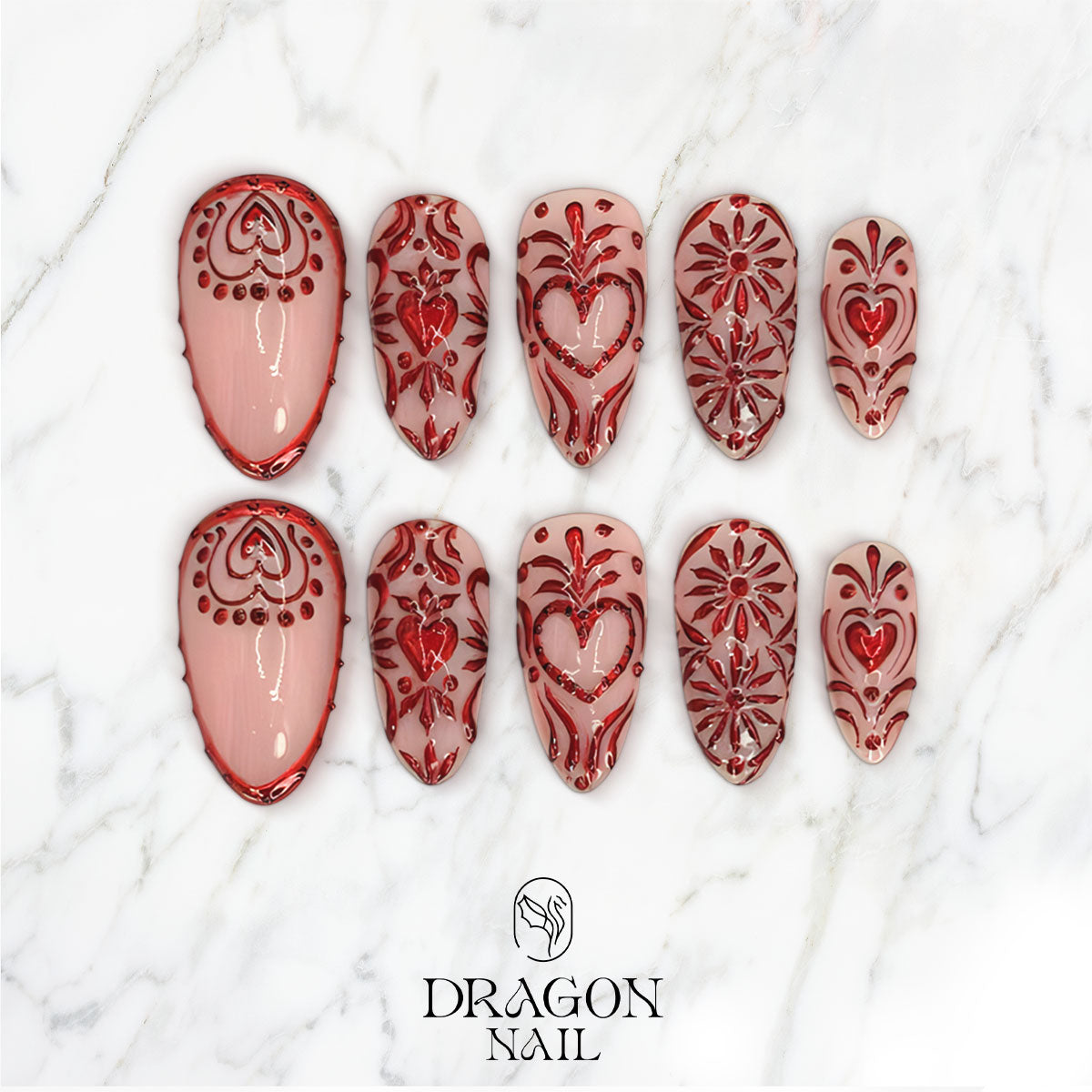 Red Lace Heart Nails, Intricate Valentine Press-On Nail Art Set, Limited Edition