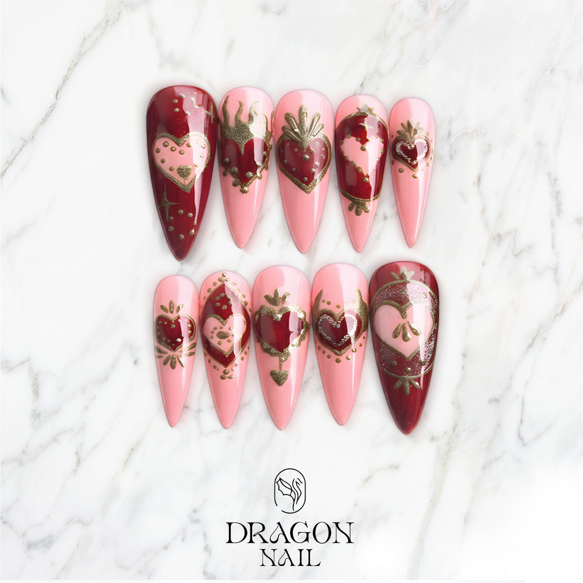 Pink & Deep Red Heart Nails, Vintage Gold Sacred Heart Press-On Set, Limited Edition