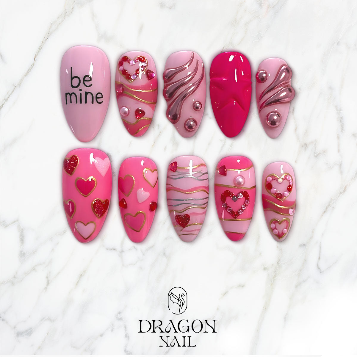 Valentine Pink Heart Press On Nails, Be Mine Love Nail Art, Handmade Romantic Pink Red Nail Set for Gift