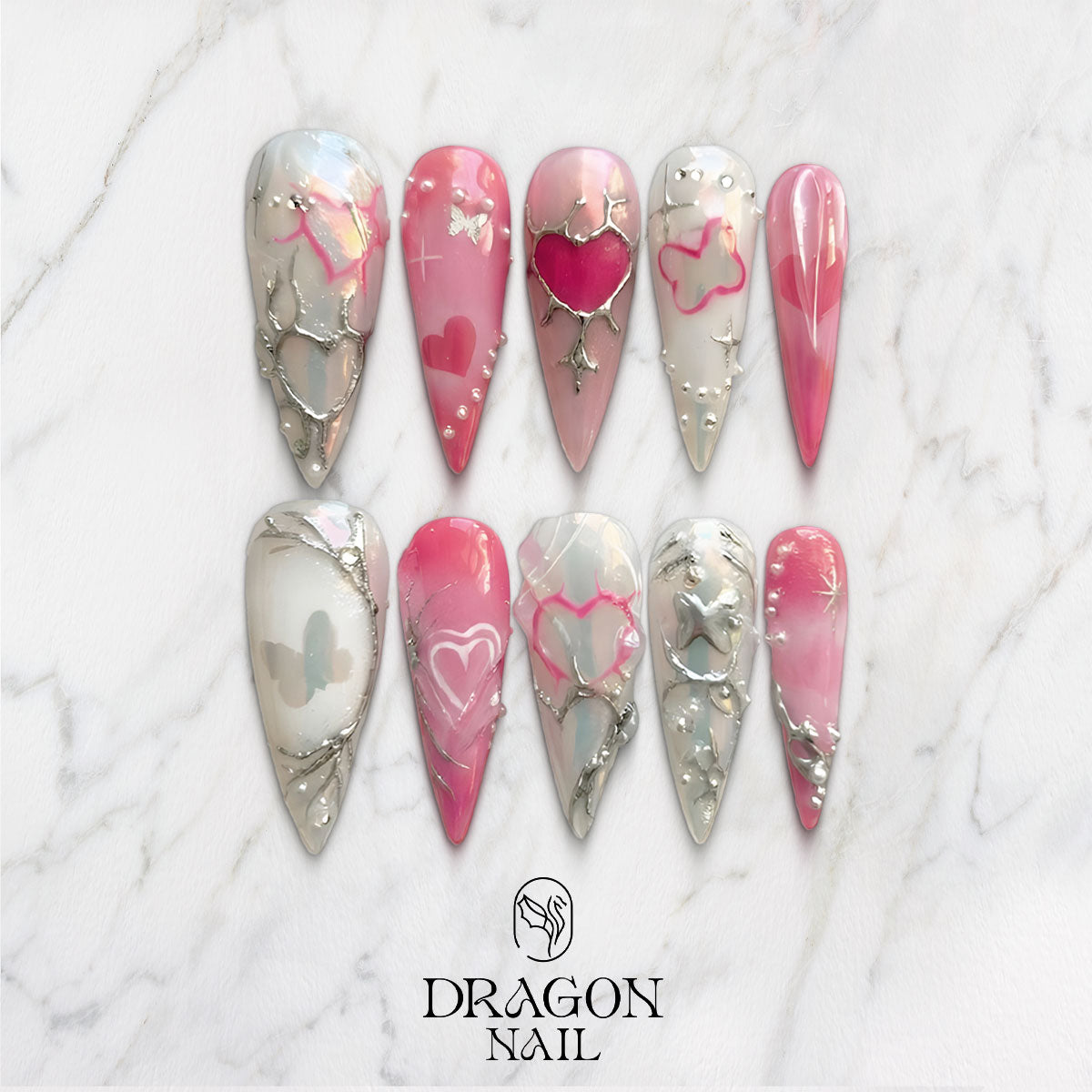 Pink Valentine Heart Nails