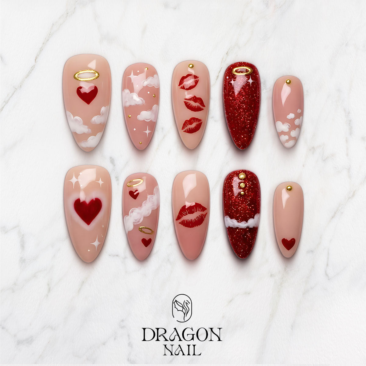 Angel Kiss Valentine Nails, Pink Red Heart Cloud Press-On Set, Romantic Nail Art, Limited Edition