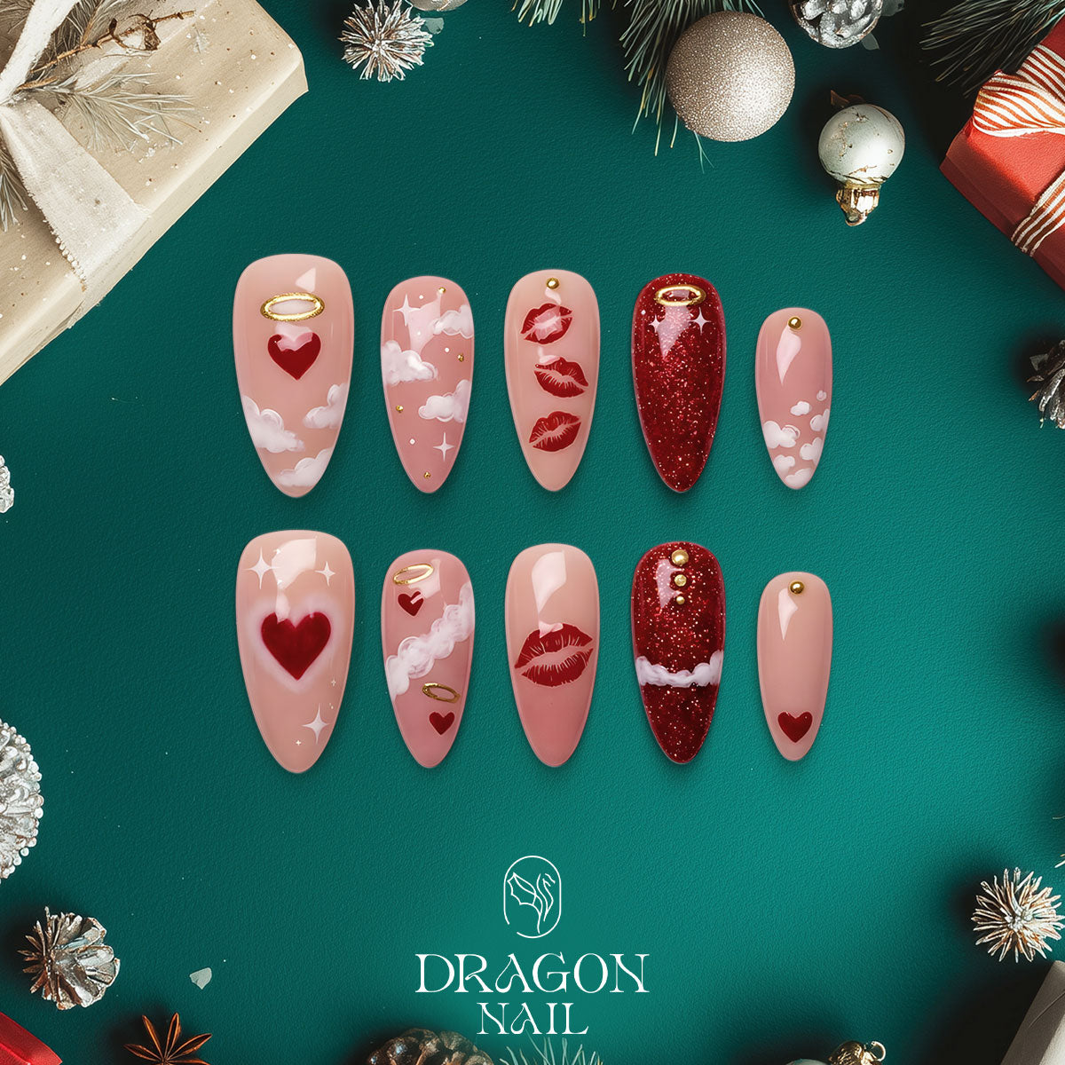 Angel Kiss Valentine Nails, Pink Red Heart Cloud Press-On Set, Romantic Nail Art, Limited Edition