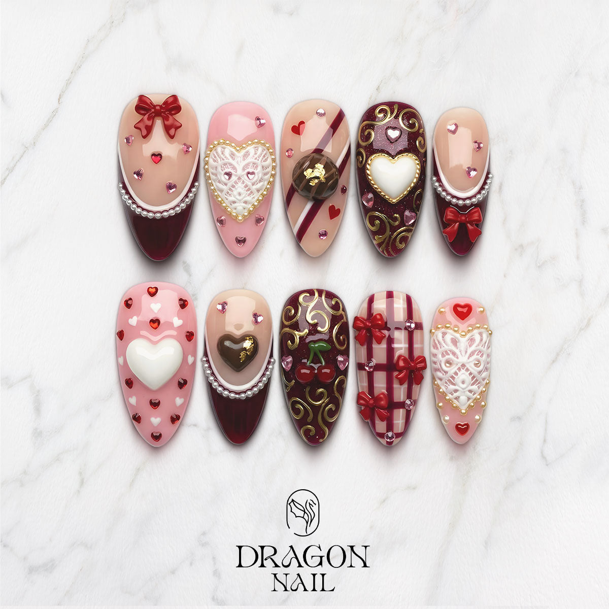 Valentine Chocolate Nails, Pink Red Lace Heart