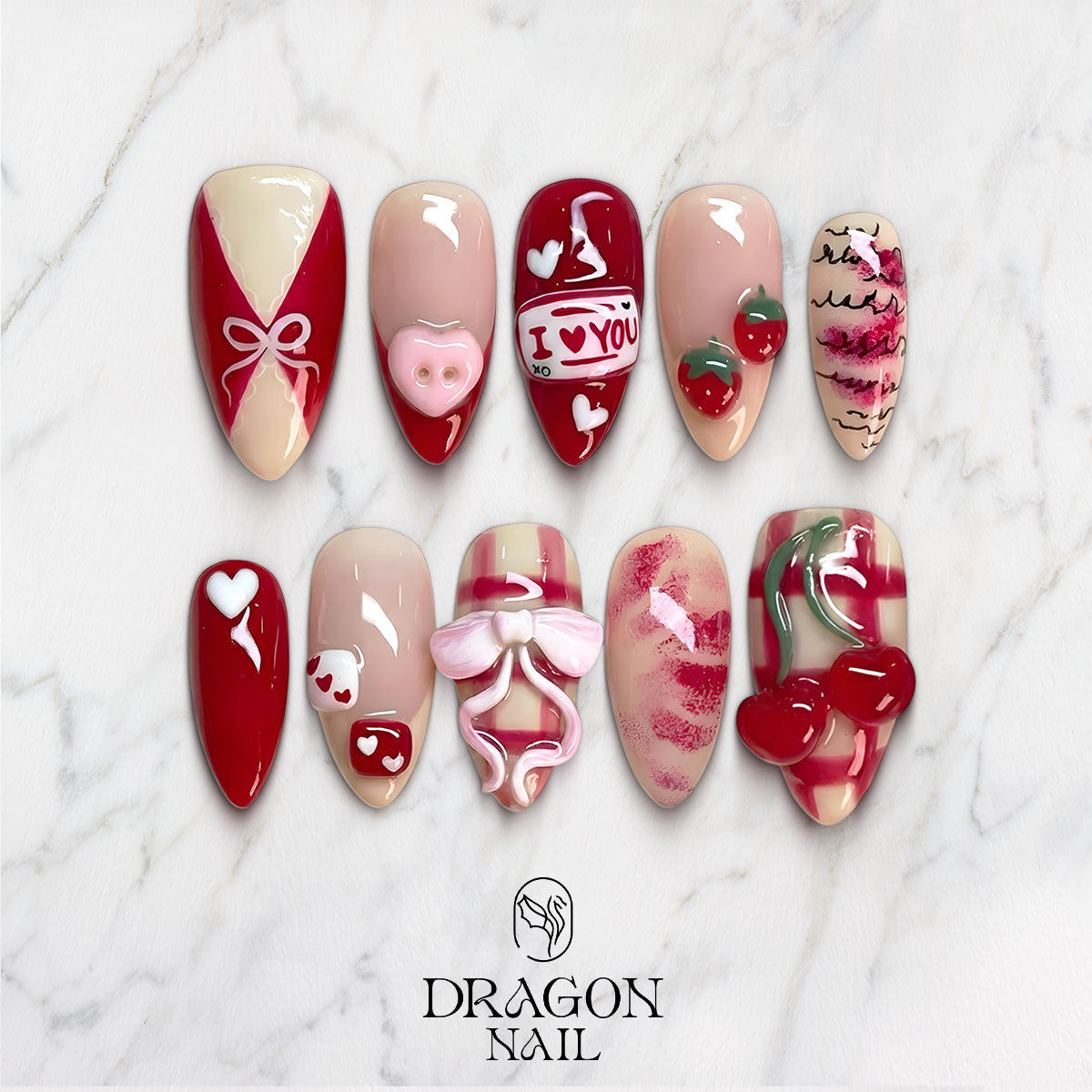 I Love You Valentine Press-On Nails, Red Ribbon Bow & Cherry Kiss Design