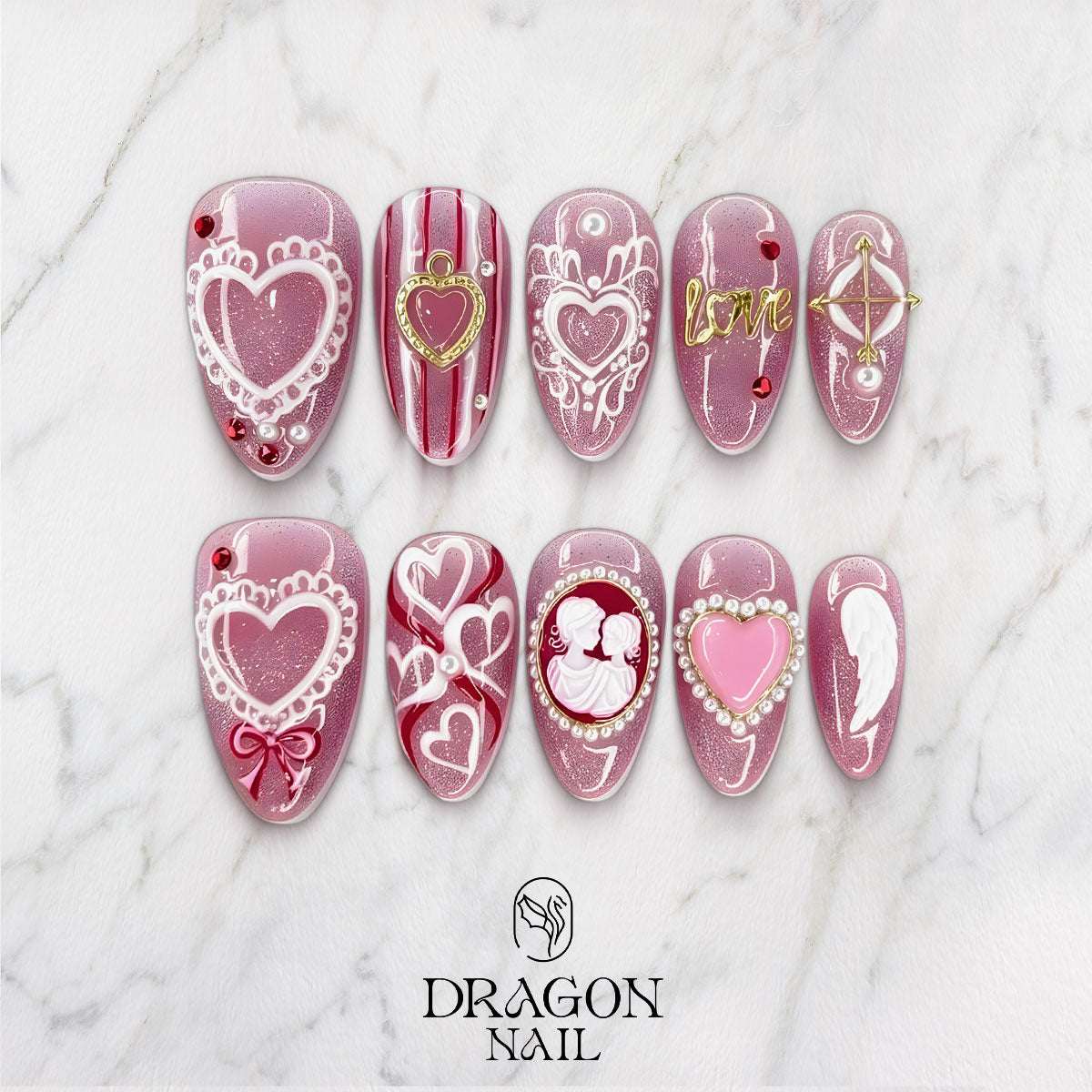 Pink Valentine Angel Press-On Nails, Lace Hearts & Pearl Charms Design
