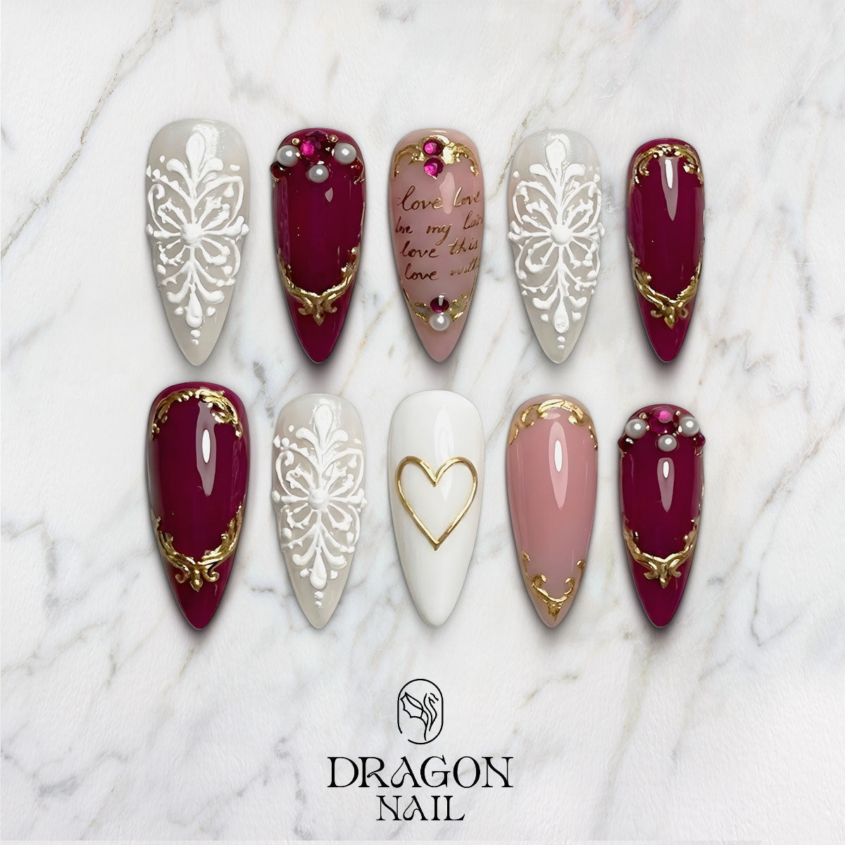 Romantic Burgundy Valentine Press-On Nails, Gold Heart & Lace Design