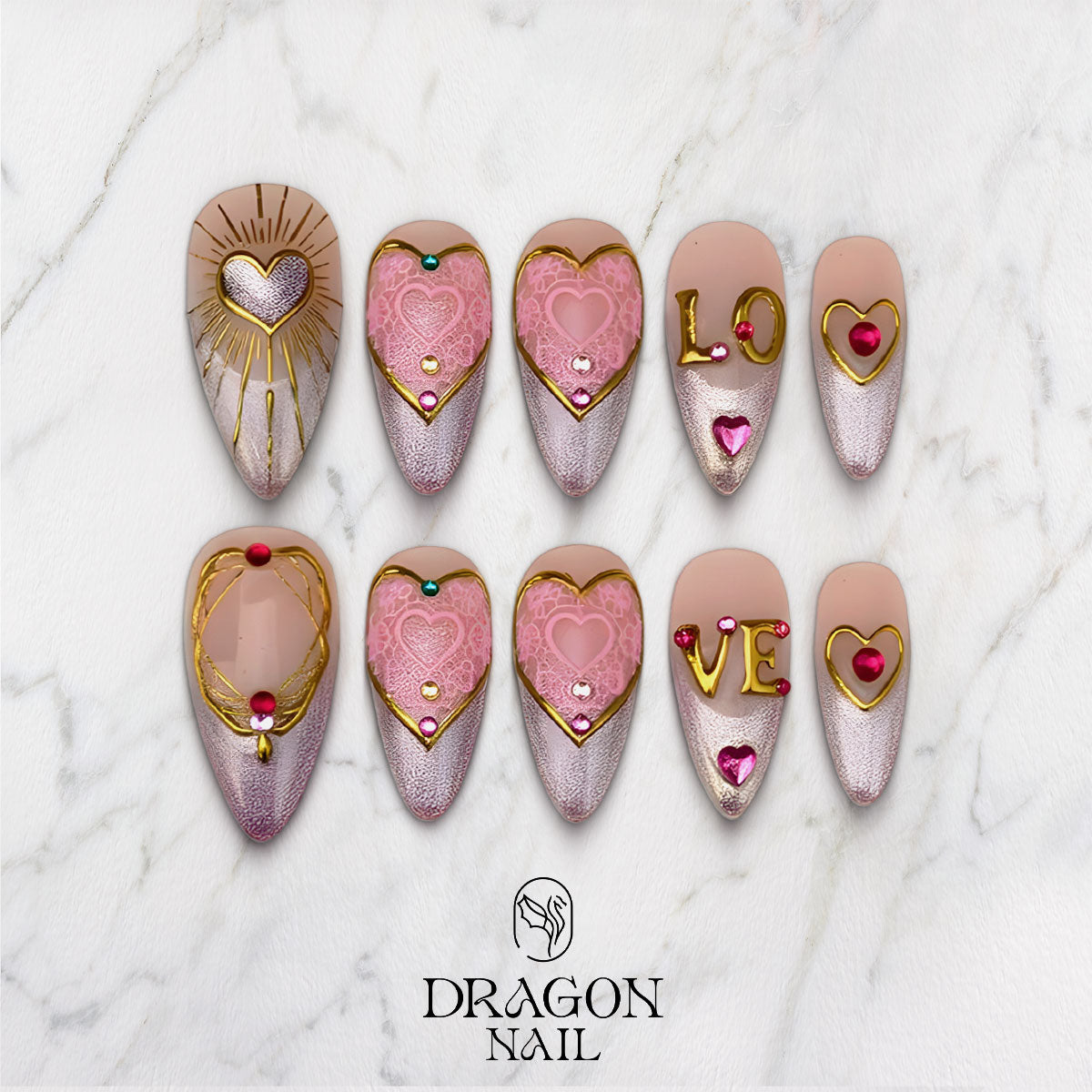 Pink Gold Valentine Press-On Nails, Lace Heart Design & Crystal Love Charms