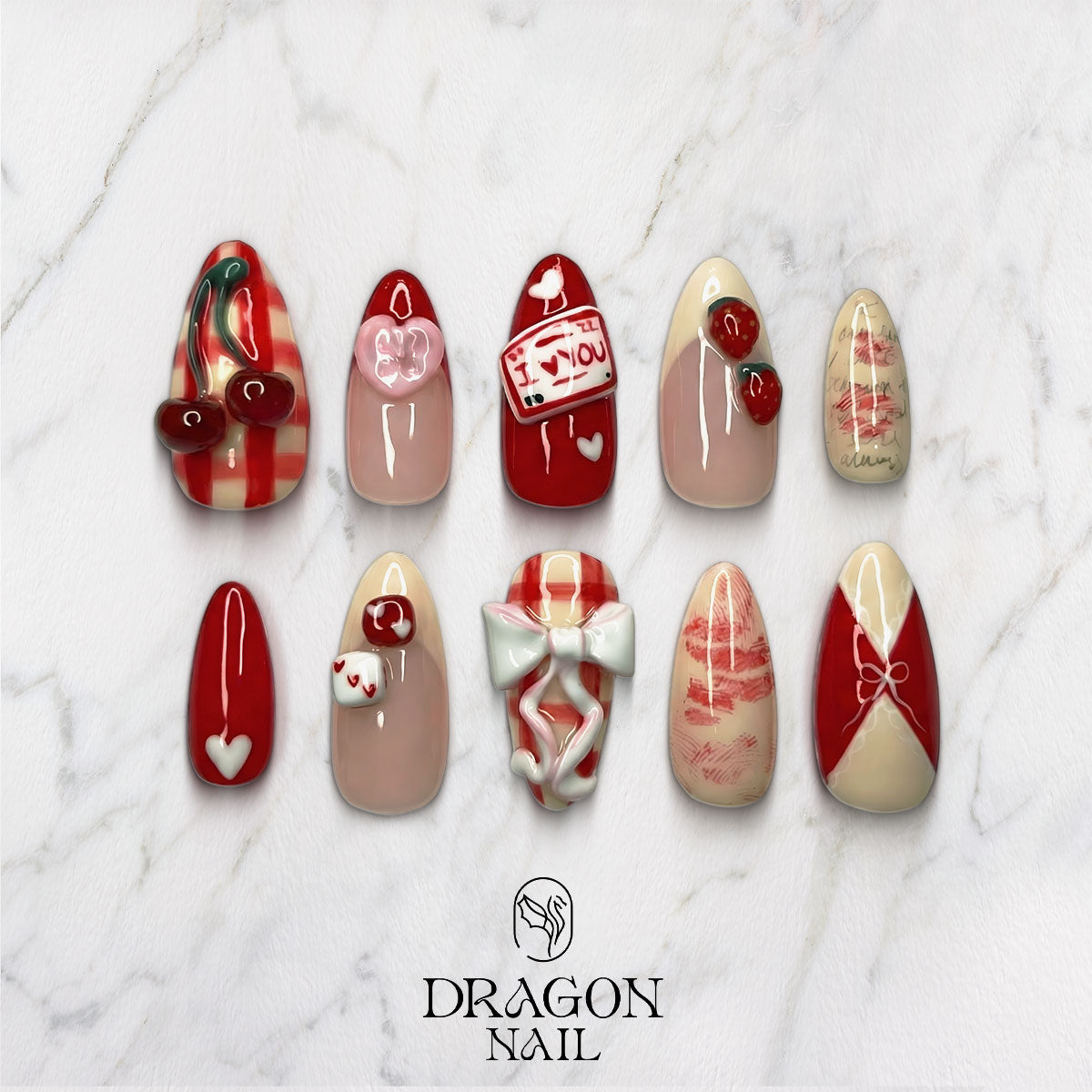 Cherry Love Valentine Nails, Red Bow & Love Letter Press-On Set