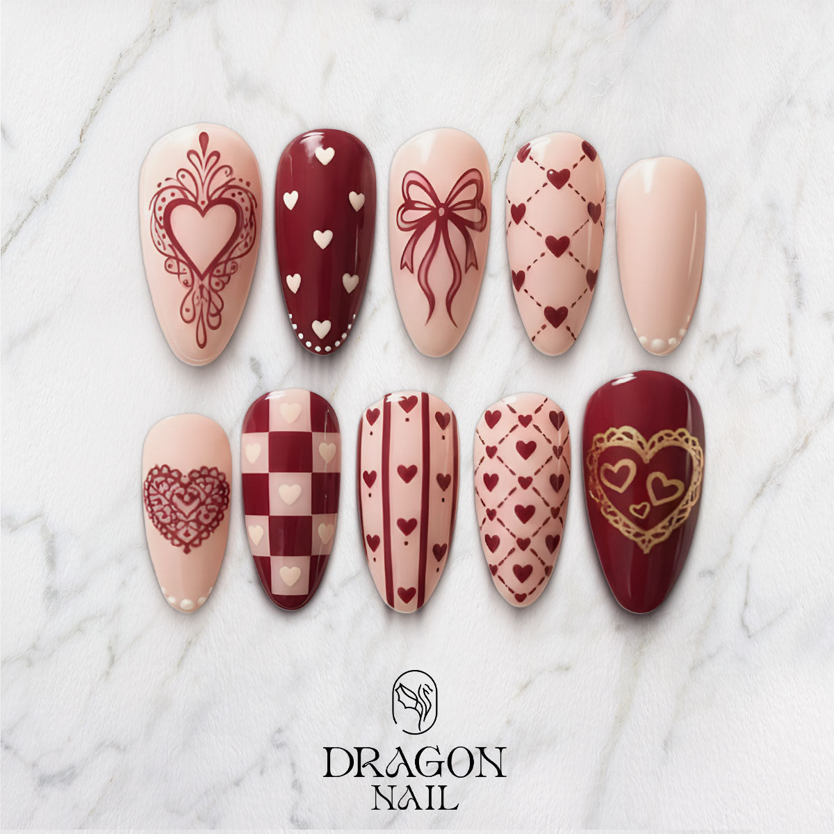 Valentine Ribbon Heart Nails, Red & Nude Press-On Set With Cute Patterns