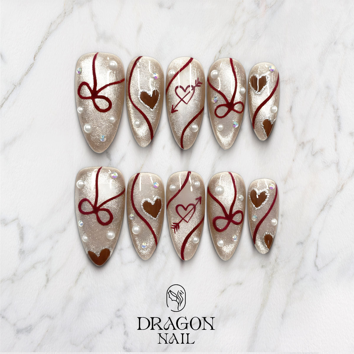 Gold Valentine Nails, Elegant Shimmer Press-On Set With Hearts & Pearls, Limited Edition