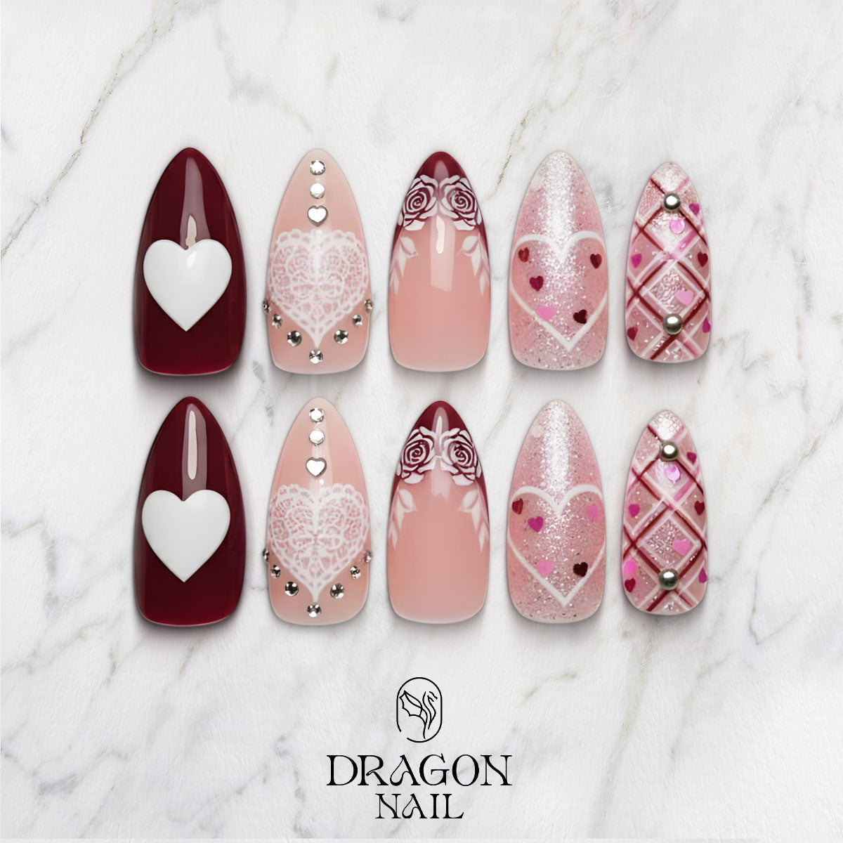 Valentine Heart Lace Nails, Pink & Red Glitter Press-On Set