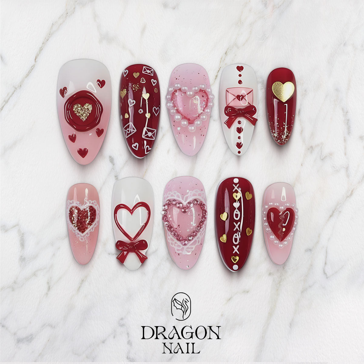 Valentine Love Letter Nails, Red & Pink Heart Press-On Set with Pearls & Bows