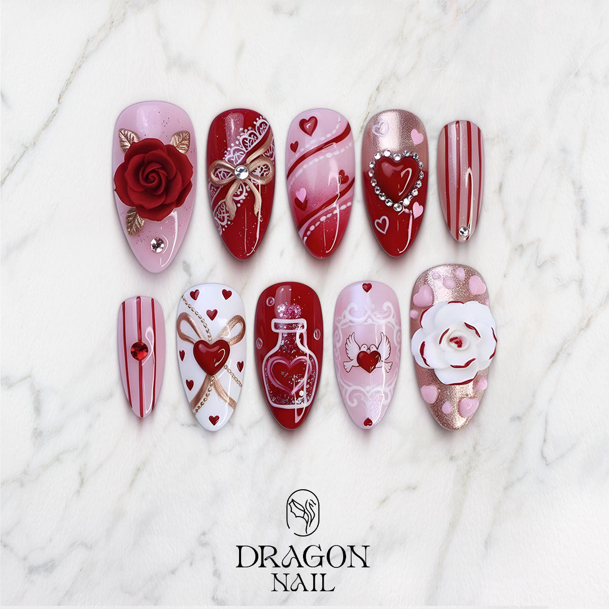 Valentine Rose Nails, Red & Pink Heart Press-On Set with 3D Flowers & Lace Details