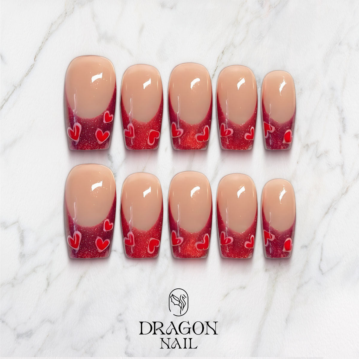 Red Heart Glitter French Tips, Valentine Press-On Nails