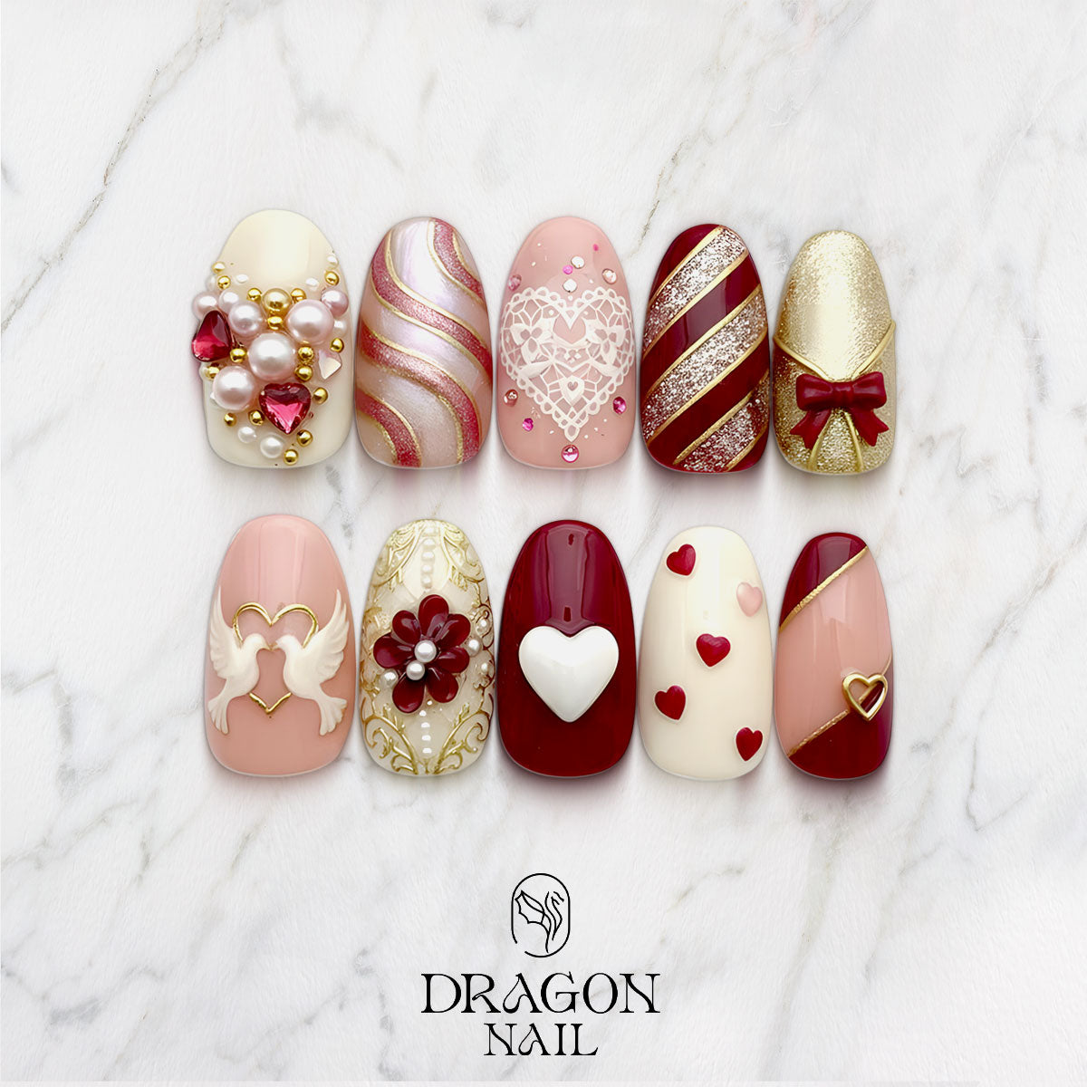 Elegant Valentine Press-On Nails Red & Gold Heart Lace Set