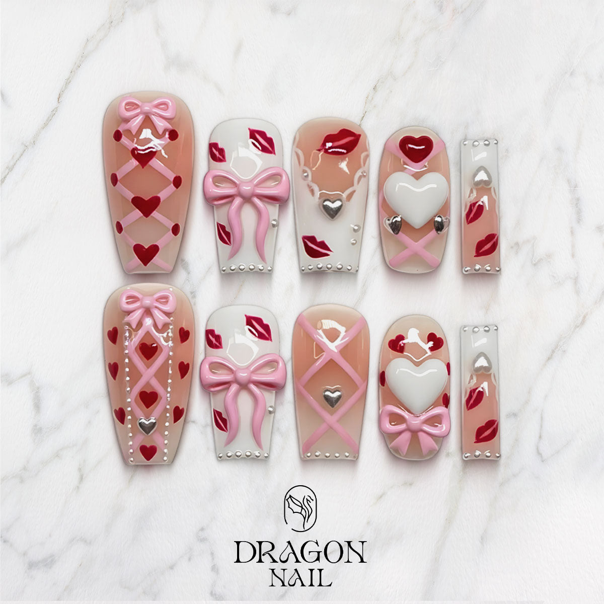 Valentine Coquette Nails, Pink Bow Hearts & Kiss Press-On Nail Set