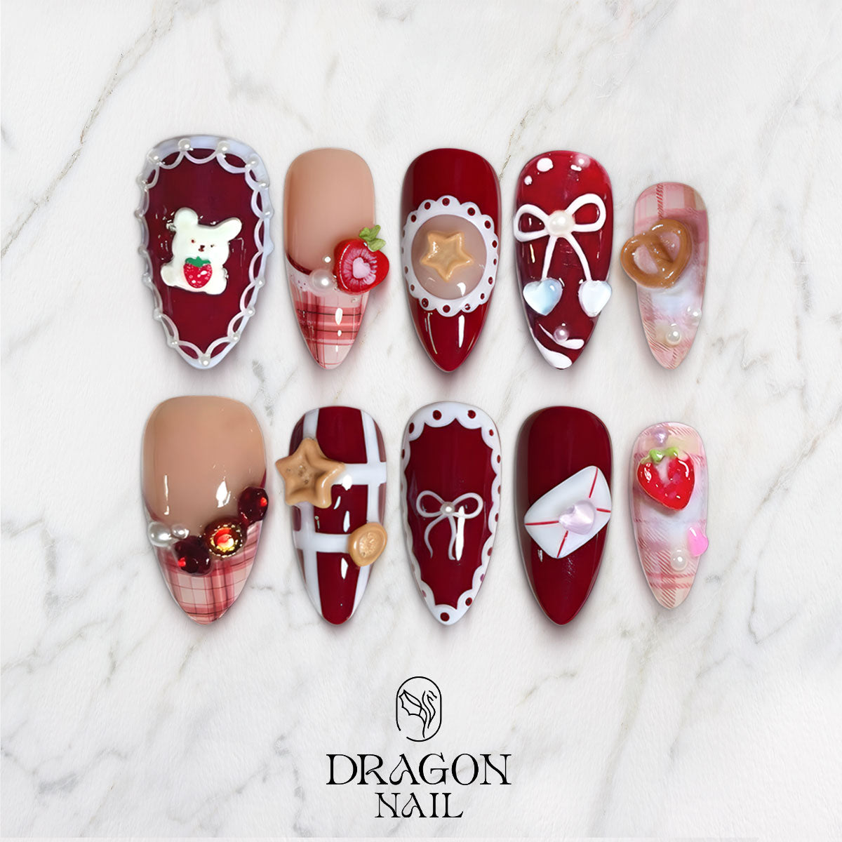 Christmas Strawberry Nails, Red Bakery Coquette Press-On Nail Set With 3D Desserts