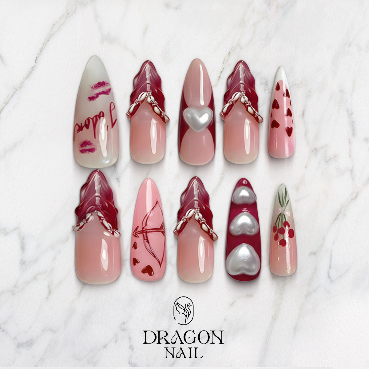 Valentine Glass Heart Nails, Pink Red Jelly 3D Heart