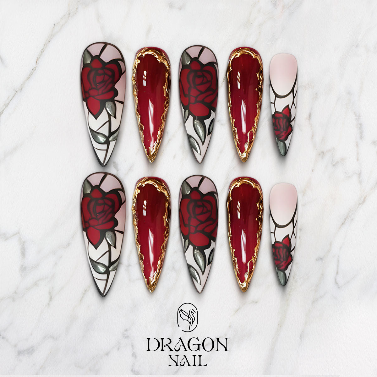 Gothic Rose Valentine Nails, Blood Red Gold Frame Press-On Nail Set