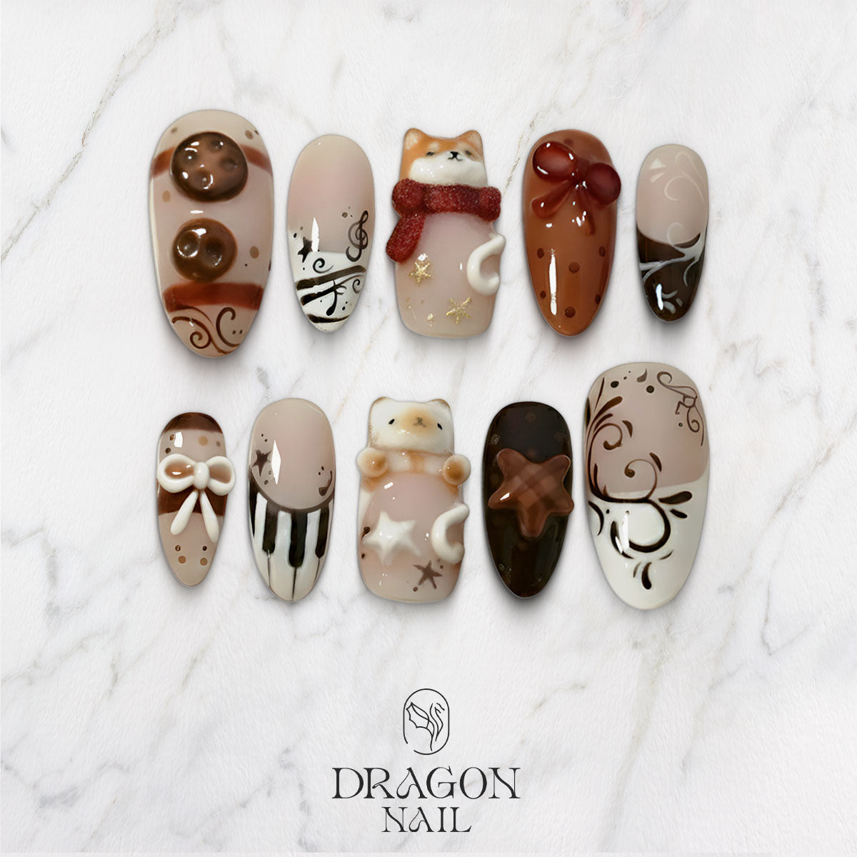 Neutral Teddy Bear Nails, Brown Nude Cute Press-On Nail Set With Bows & Stars, Limited Edition