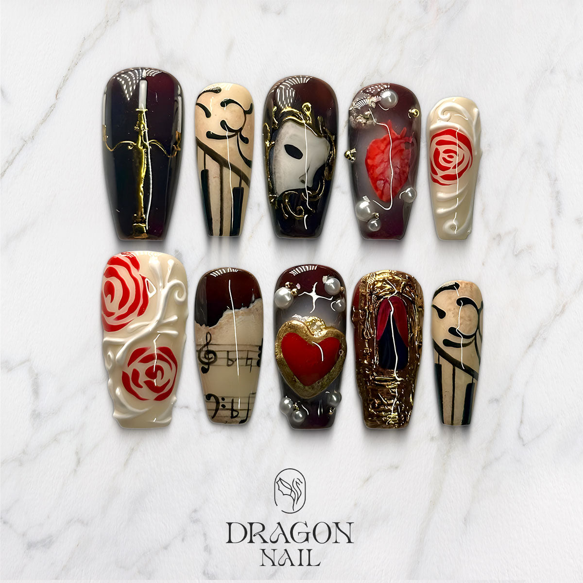 Gothic Sacred Art Nails, Dark Burgundy Gold Press-On Nail Set With Roses & Hearts, Limited Edition