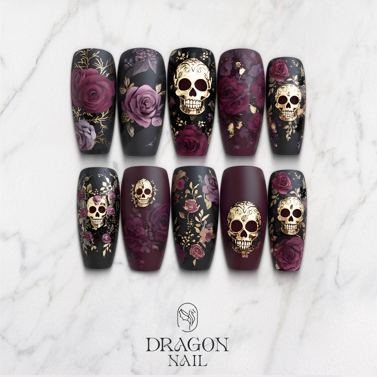 Gothic Skull Rose Nails, Black Burgundy Gold Press-On Nail Set With Floral Art, Limited Edition