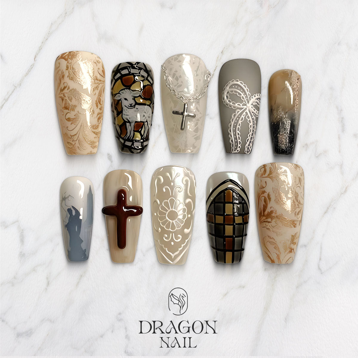 Gothic Sacred Neutral Nails, Ivory Gray Press-On Nail Set With Cross & Lace Art, Limited Edition