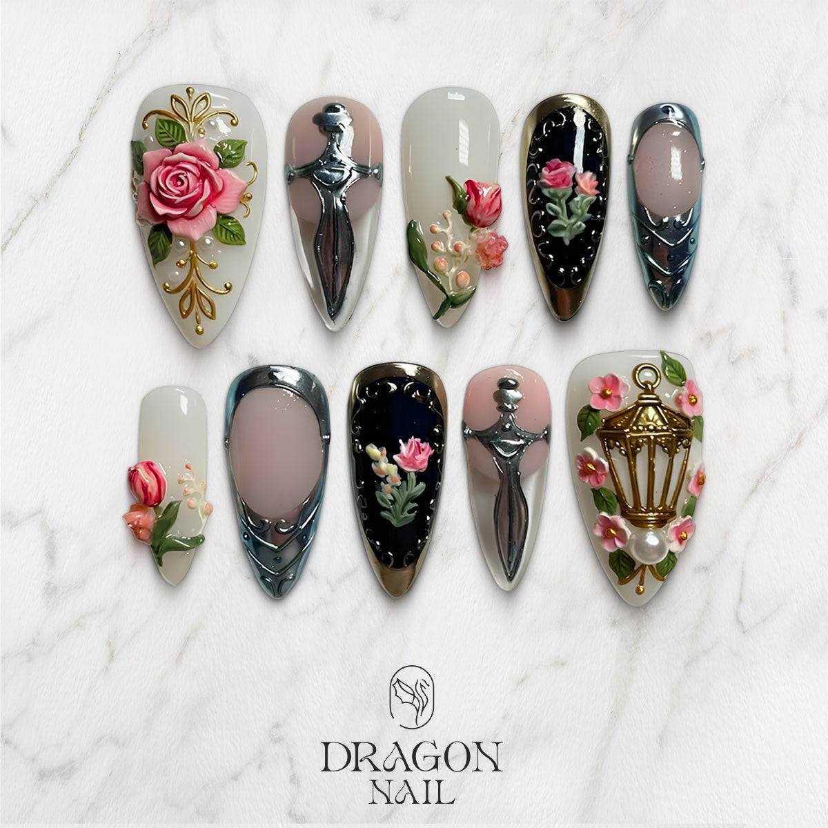 Gothic Rose Cross Nails, Ivory Black Luxury Press-On Nail Set With Sword & Floral Art, Limited Edition