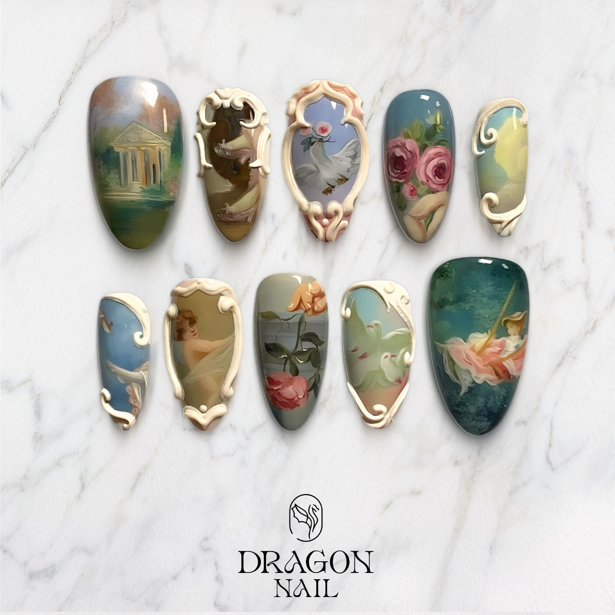 Baroque Art Nails, Classical Oil Painting Reusable Press-On Set, Romantic Frame Design, Limited Edition