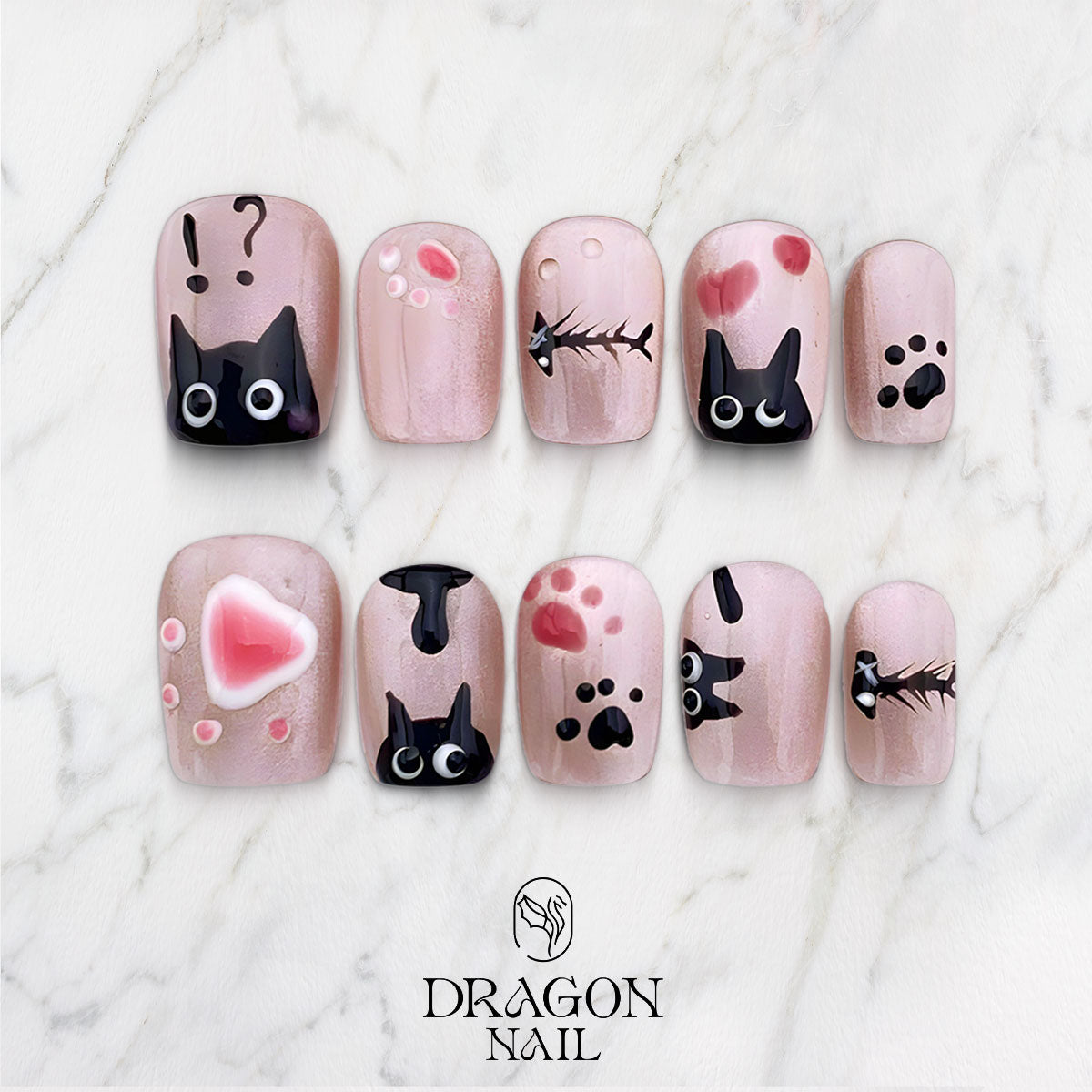 Cute Black Cat Nails, Minimalist Paw Print Reusable Press-On Set