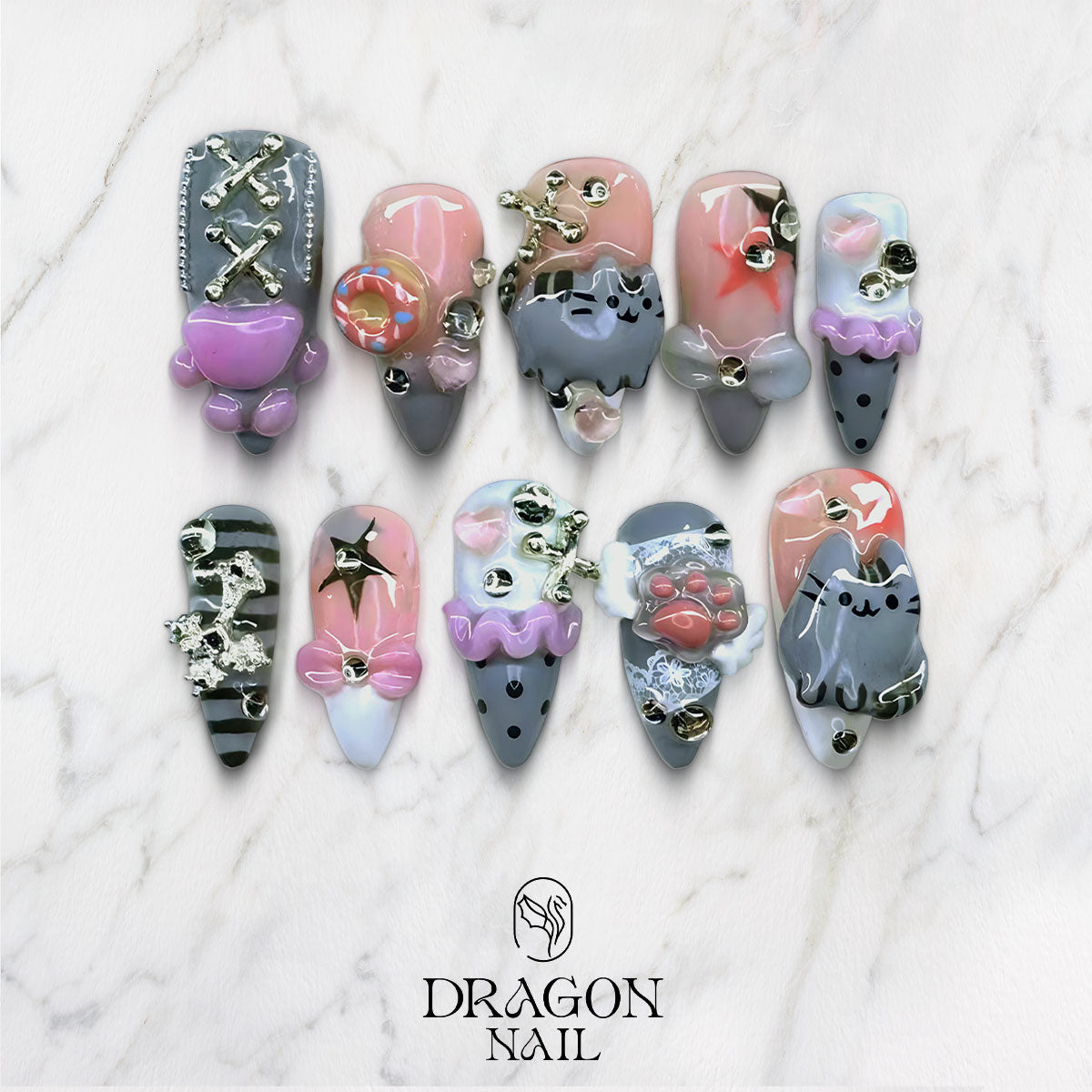 Cute Gothic Kitty Nails, Pastel Gray Pink Reusable