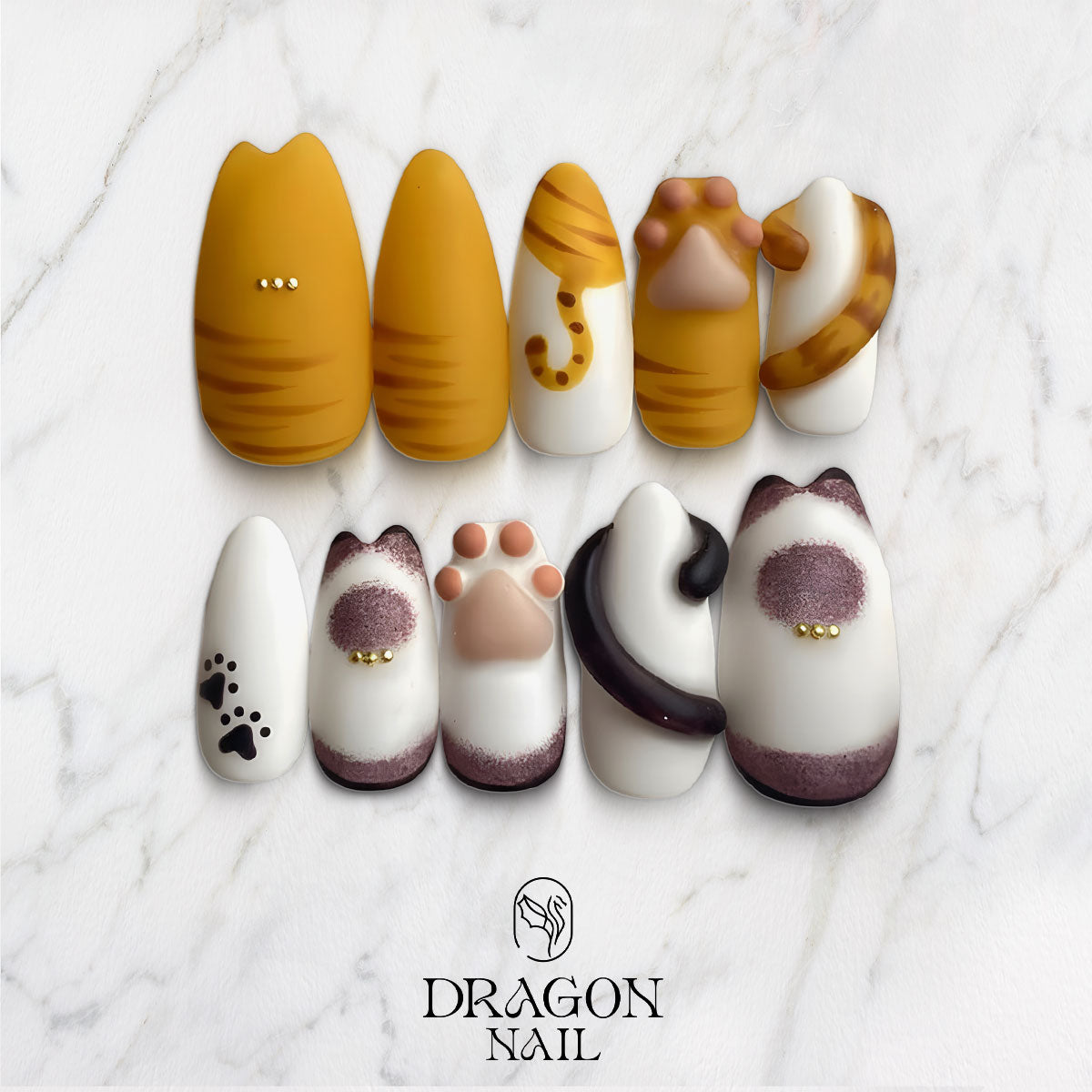 Cute Cat Paw Nails, Orange Tabby Reusable Press-On Set