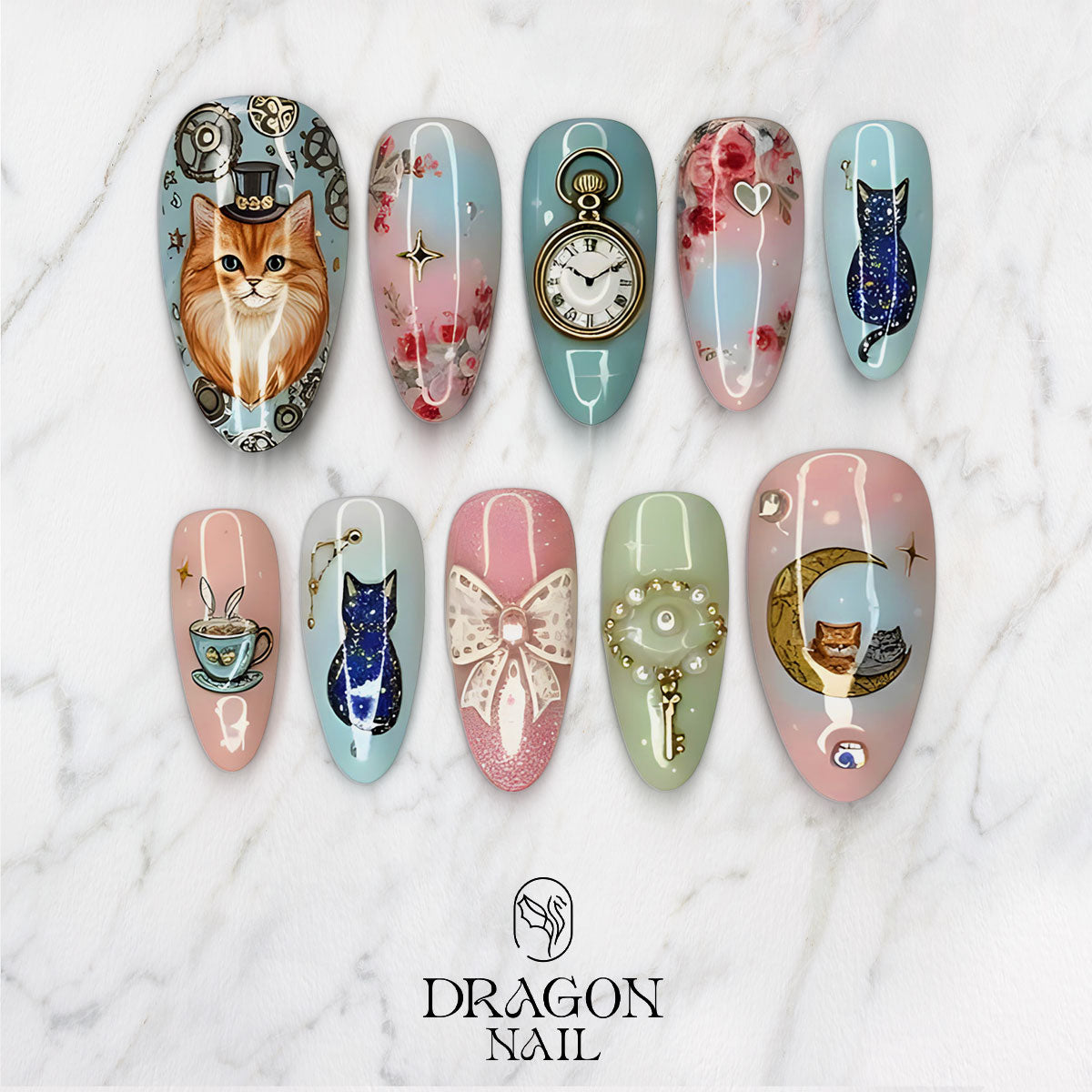 Vintage Cat Time Nails Pastel Whimsical