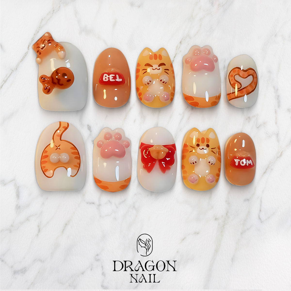 Cute Orange Tabby Cat Nails Pastel Kawaii