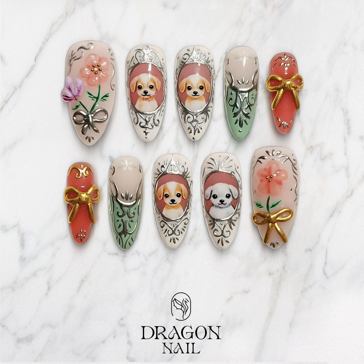 Vintage Puppy Portrait Nails Floral Bow Reusable Press-On Set