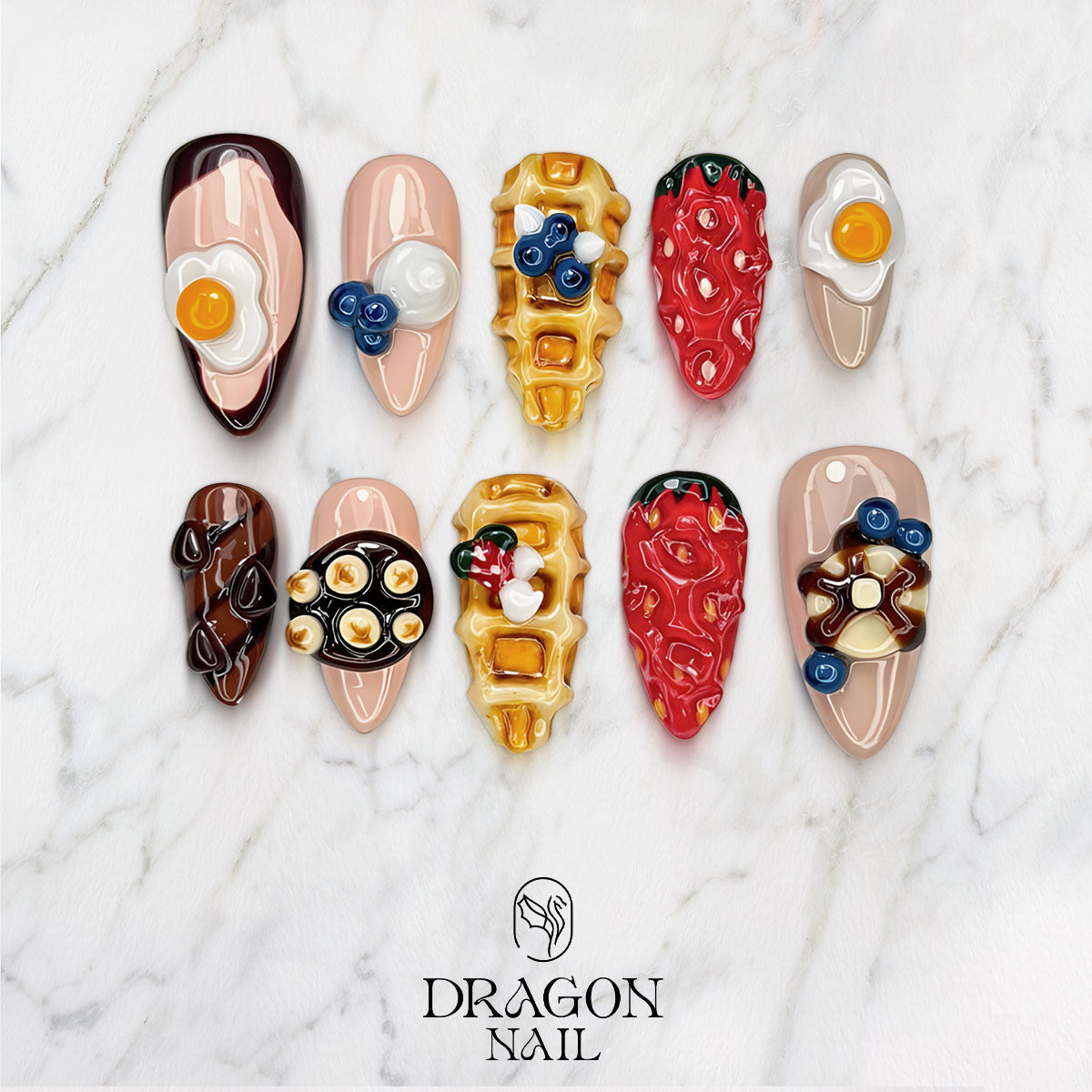 3D Kawaii Breakfast Waffle Strawberry Egg Press-On Set