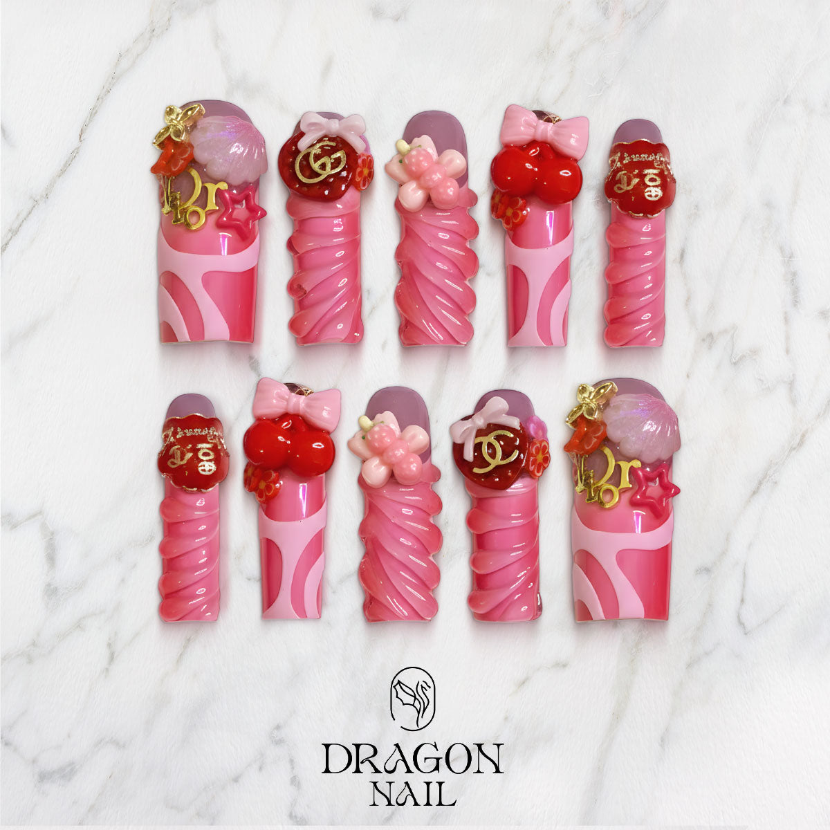 Berry Whip Valentine Nails, Red Pink Kawaii Press-On Set With 3D Charms, Limited Edition
