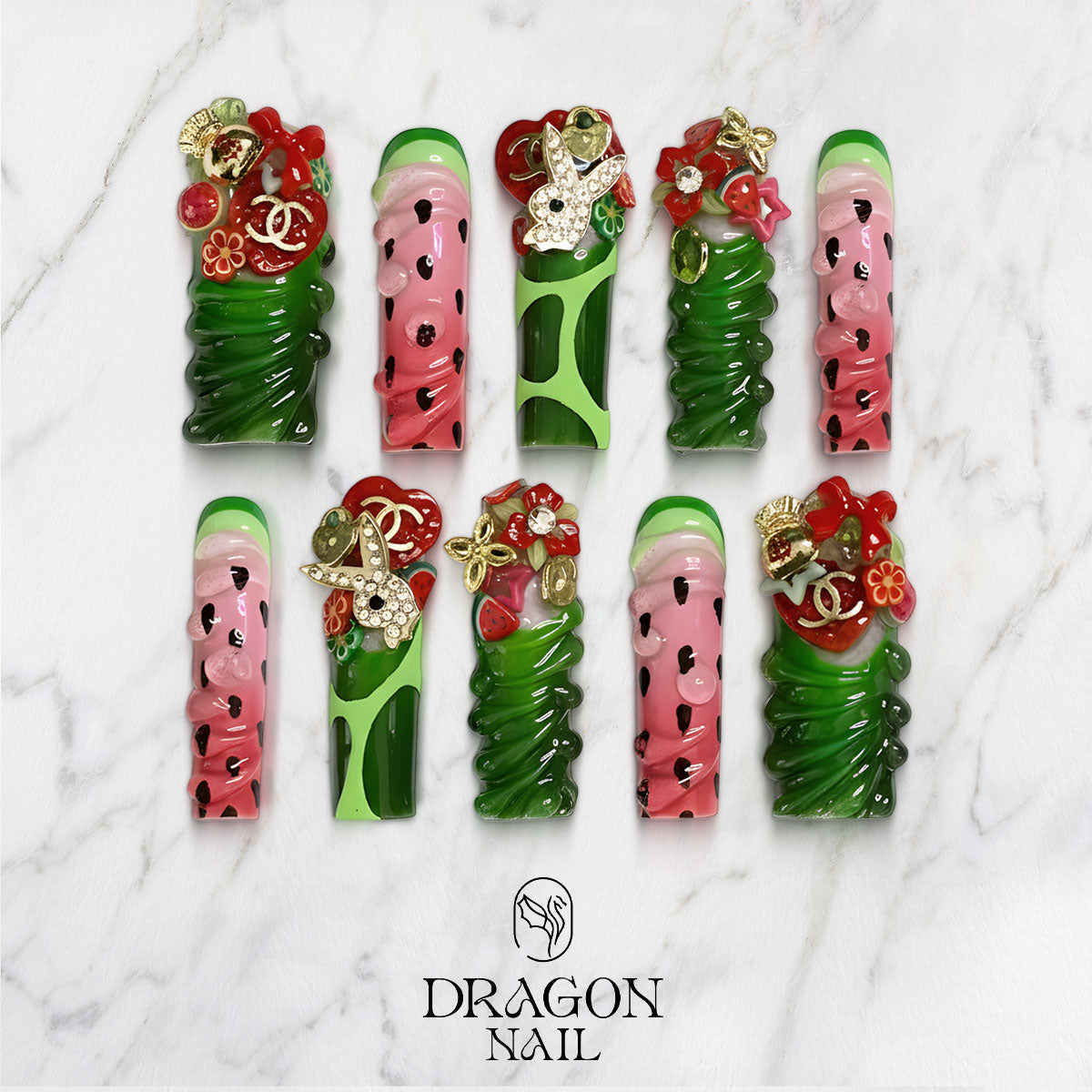 Watermelon Berry Nails, Red Pink Green Kawaii Press-On Set With 3D Charms, Limited Edition