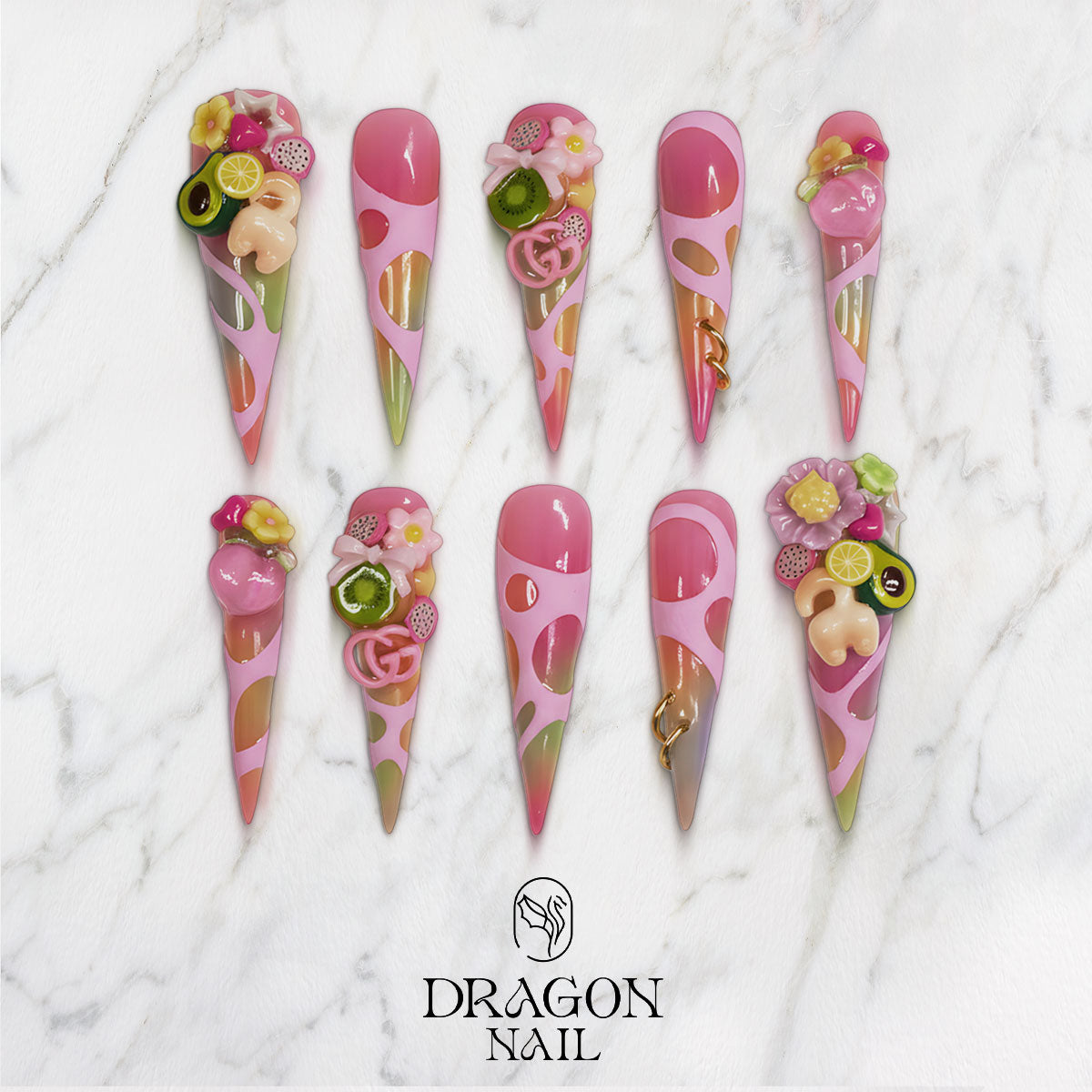 Gothic Pink Chrome Valentine Nails, 3D Lips & Chain Press-On Set, Y2K Glam, Limited Edition