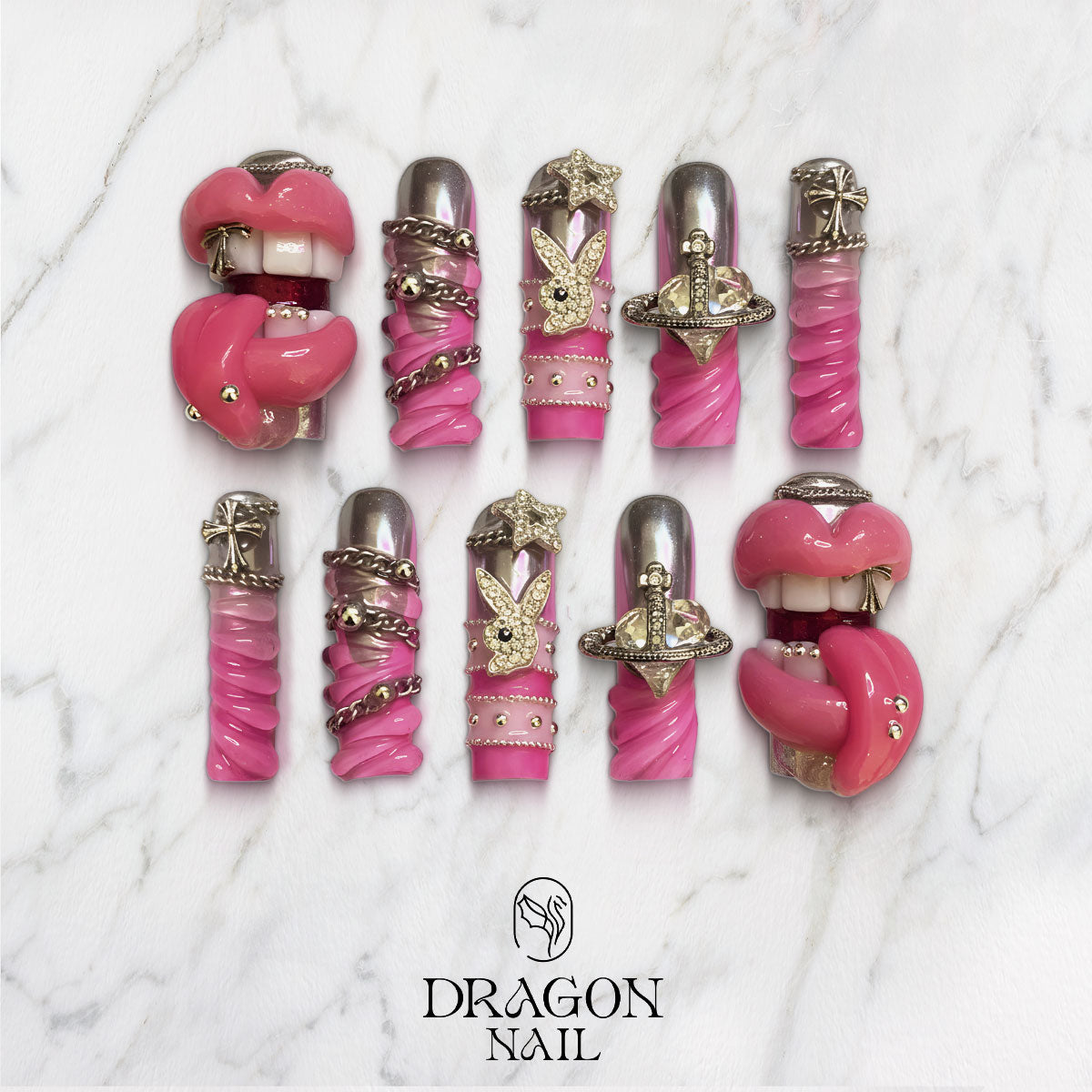 Gothic Valentine Nails, Red Glitter Press-On Set With Cross & Bow Art, Limited Edition | Dragonnail