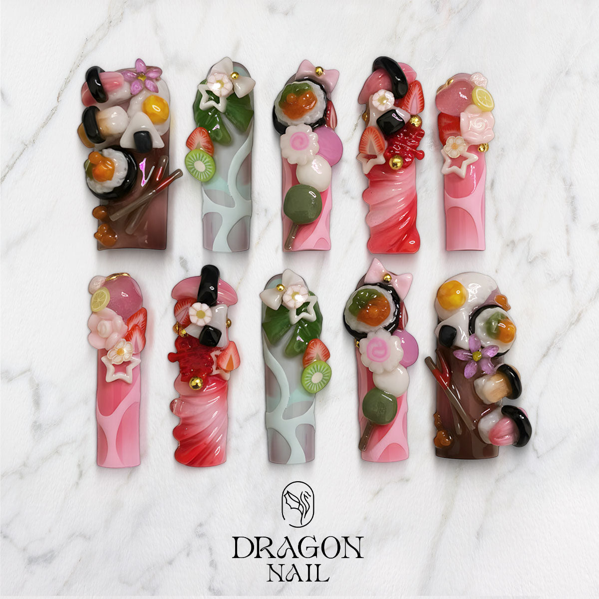 Kawaii Fruit Garden Nails, 3D Pastel Press-On Set With Cute Charms, Sweetcore Y2K Style, Limited Edition