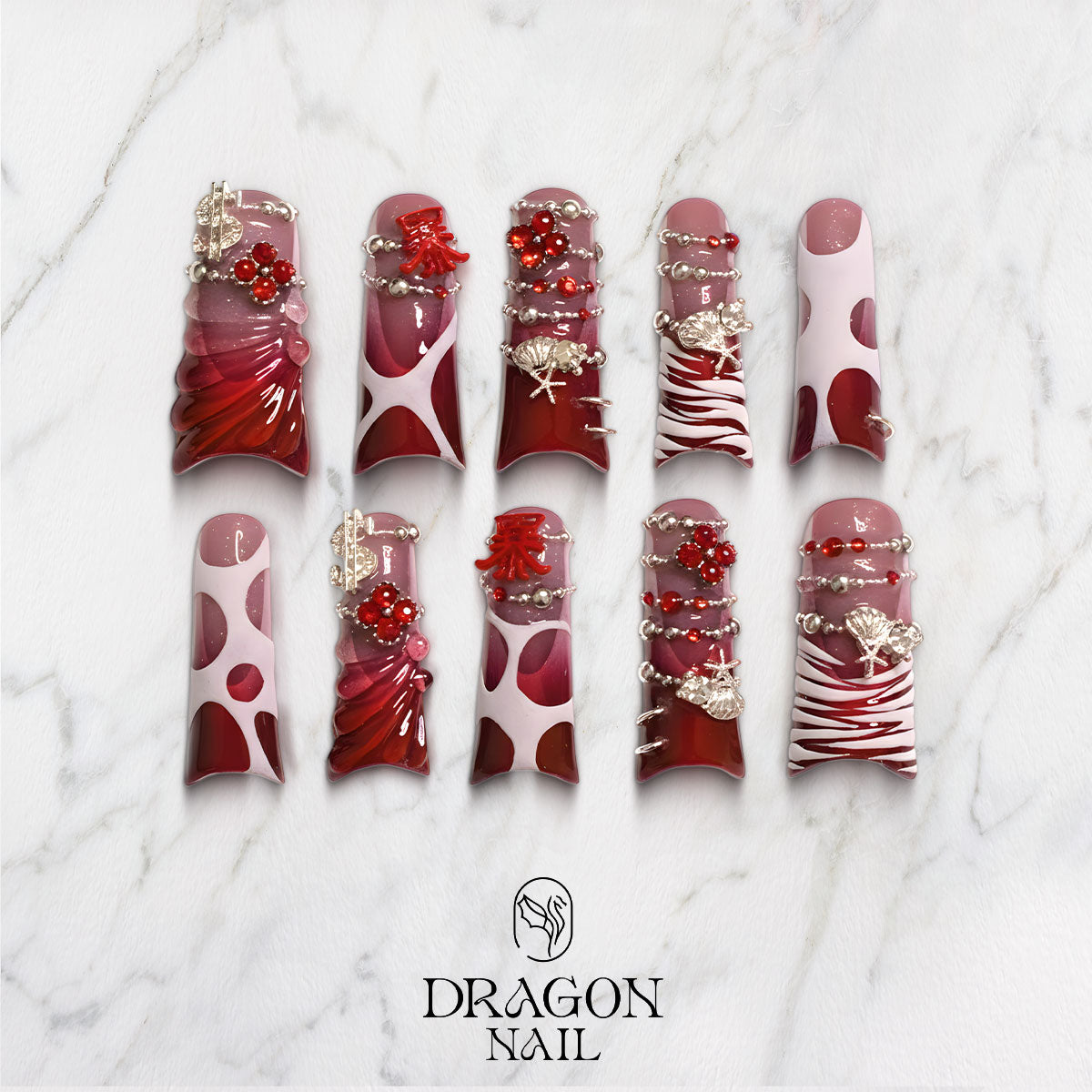 Gothic Red Valentine Nails, Luxury 3D Press-On Set With Crystals & Bows, Dark Romance, Limited Edition